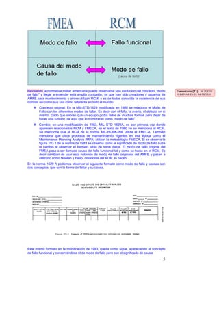 Revisando la normativa militar americana puede observarse una evolución del concepto “modo            Comentario [T1]: SE PUEDE
de fallo” y llegar a entender esta amplia confusión, ya que han sido creadores y usuarios de          ELIMINAR EN EL ARTICULO
AMFE para mantenimiento y ahora utilizan RCM, y es de todos conocida la excelencia de sus
normas así como sus uso como referente en todo el mundo.
       Concepto original: En la MIL-STD-1629 modificada en 1980 se relaciona el Modo de
       Fallo con los diferentes modos de fallar. Es decir con el fallo, la avería, el defecto en si
       mismo. Dado que sabían que un equipo podía fallar de muchas formas para dejar de
       hacer una función, de aquí que lo nombraran como “modo de fallo”.
       Cambio: en una modificación de 1983, MIL STD 1629A, es por primera vez donde
       aparecen relacionados RCM y FMECA, en el texto de 1980 no se menciona al RCM.
       Se menciona que el RCM de la norma MIL-HDBK-266 utiliza el FMECA. También
       menciona que otros procesos de mantenimiento vigentes en esa época como el
       Maintenance Planning Analysis (MPA) utilizan la metodología FMECA. Si se observa la
       figura 103.1 de la norma de 1983 se observa como el significado de modo de fallo sufre
       el cambio al observar el formato tabla de toma datos. El modo de fallo original del
       FMEA pasa a ser llamado causa del fallo funcional tal y como se hacia en el RCM. Es
       decir cambian de usar esta notación de modo de fallo originaria del AMFE y pasan a
       utilizarlo como Nowlan y Heap, creadores del RCM, lo hacen.
En la norma 1629 A podemos observar el siguiente formato como modo de fallo y causas son
dos conceptos, que son la forma de fallar y su causa.




Este mismo formato en la modificación de 1983, queda como sigue, apareciendo el concepto
de fallo funcional y conservándose el de modo de fallo pero con el significado de causa.

                                                                                                 5
 