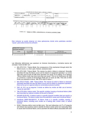Esto inclusive se puede observar en otras aplicaciones donde entre paréntesis escriben
“causa”, para evitar errores de confusión.




Las diferentes definiciones que aparecen en diversos documentos y normativa acerca del
concepto “modo de fallo” son:
       MIL-STD-721C: “Failure Mode: the consequence of the mechanism through which the
       failure occurs, i.e, short, open, fracture, excessive wear”.
       MIL-STD-1629: “Failure Mode: The manner by which a failure is observed. Generally
       describes the way the failure occurs and its impact on equipment operation”. La norma
       deja claro que el modo de fallo tiene asociado una causa. En la página 101-4 aparece
       “Since a failure mode may have more than one cause”. Pero en la modificación de 1983
       ya comienza a usarse la terminología RCM para el modo de fallo. Para ello el DOD
       emite una aclaración al tema, “MIL-STD-1629 A notice 1.
       MIL-STD-2173(AS), 1986: “Failure Mode: The manner by which a failure is observed.
       Generally describes the way the failure occurs and its impact on equipment operation”.
       Esta norma aun en vigencia utiliza la nomenclatura previa al cambio.
       SAE JA 1011 en la pregunta 3 donde se define los modos de fallo usa el termino
       “causa de cada fallo”.
       “MIL-STD-3034: Failure mode: The specific condition causing a functional failure (often
       best described by material condition at the point of failure)”.
       NAVAIR 00-25-403: “A failure mode is a specific physical condition that can result in a
       functional failure. The failure modes have the potential to cause each functional failure”.
       Handbook S9081-AB-GIB-010: “A failure mode is a specific condition causing a
       functional failure, including such modes as a leaking seal, broken shaft, or seized
       bearing”.
       RCM 2: Moubray define modo de fallo como: “the next (referentes a la 3ª y 4ª pregunta
       del método) two questions seek to identify the failure modes which are reasonably likely
       to cause each functional failure, and to ascertain the failure effects associated with each

                                                                                                6
 