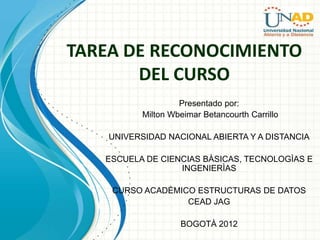 TAREA DE RECONOCIMIENTO
       DEL CURSO
                    Presentado por:
           Milton Wbeimar Betancourth Carrillo

    UNIVERSIDAD NACIONAL ABIERTA Y A DISTANCIA

   ESCUELA DE CIENCIAS BÀSICAS, TECNOLOGÌAS E
                  INGENIERÌAS

    CURSO ACADÈMICO ESTRUCTURAS DE DATOS
                  CEAD JAG

                    BOGOTÀ 2012
 