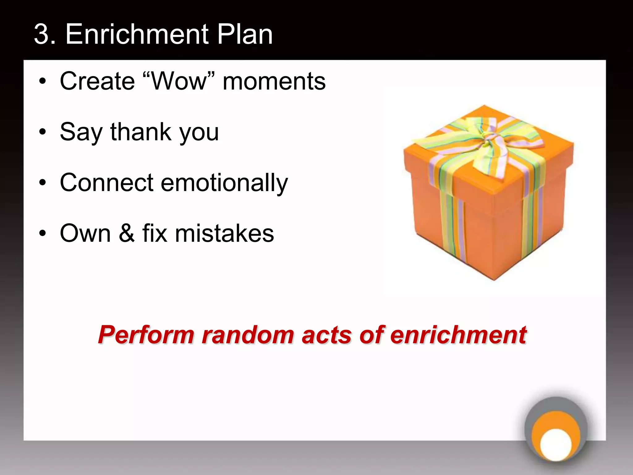 3. Enrichment Plan
• Create “Wow” moments
• Say thank you

• Connect emotionally
• Own & fix mistakes



    Perform random acts of enrichment
 