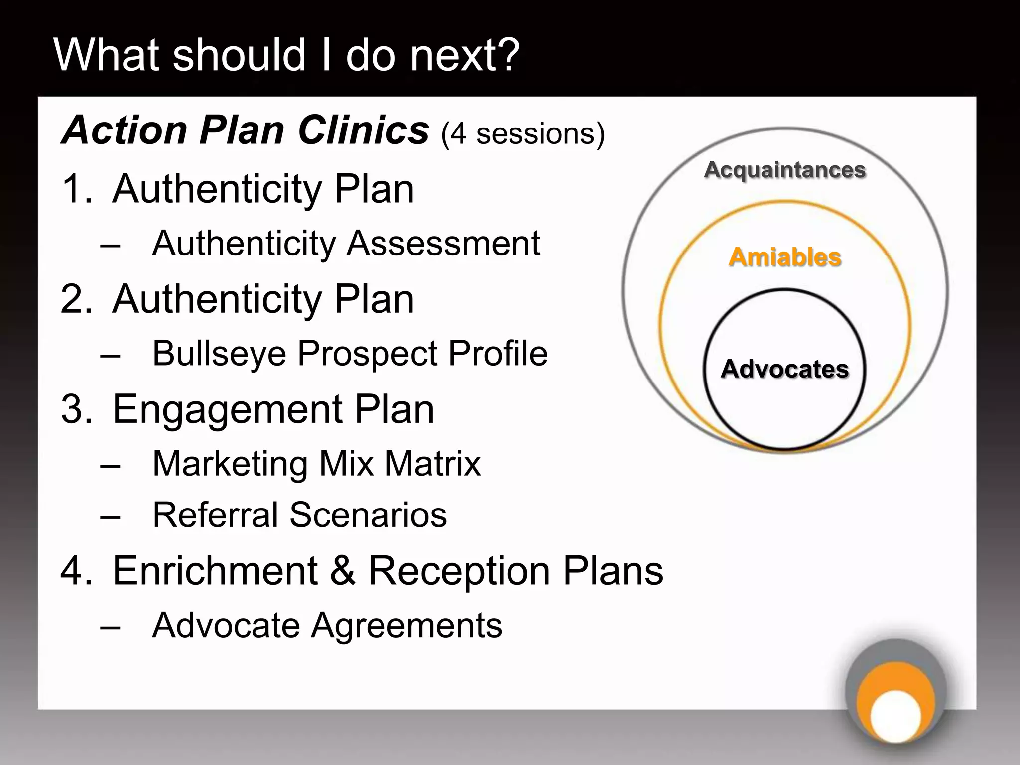 What should I do next?
Action Plan Clinics (4 sessions)
                                   Acquaintances
1. Authenticity Plan
  – Authenticity Assessment         Amiables
2. Authenticity Plan
  – Bullseye Prospect Profile       Advocates
3. Engagement Plan
  – Marketing Mix Matrix
  – Referral Scenarios
4. Enrichment & Reception Plans
  – Advocate Agreements
 