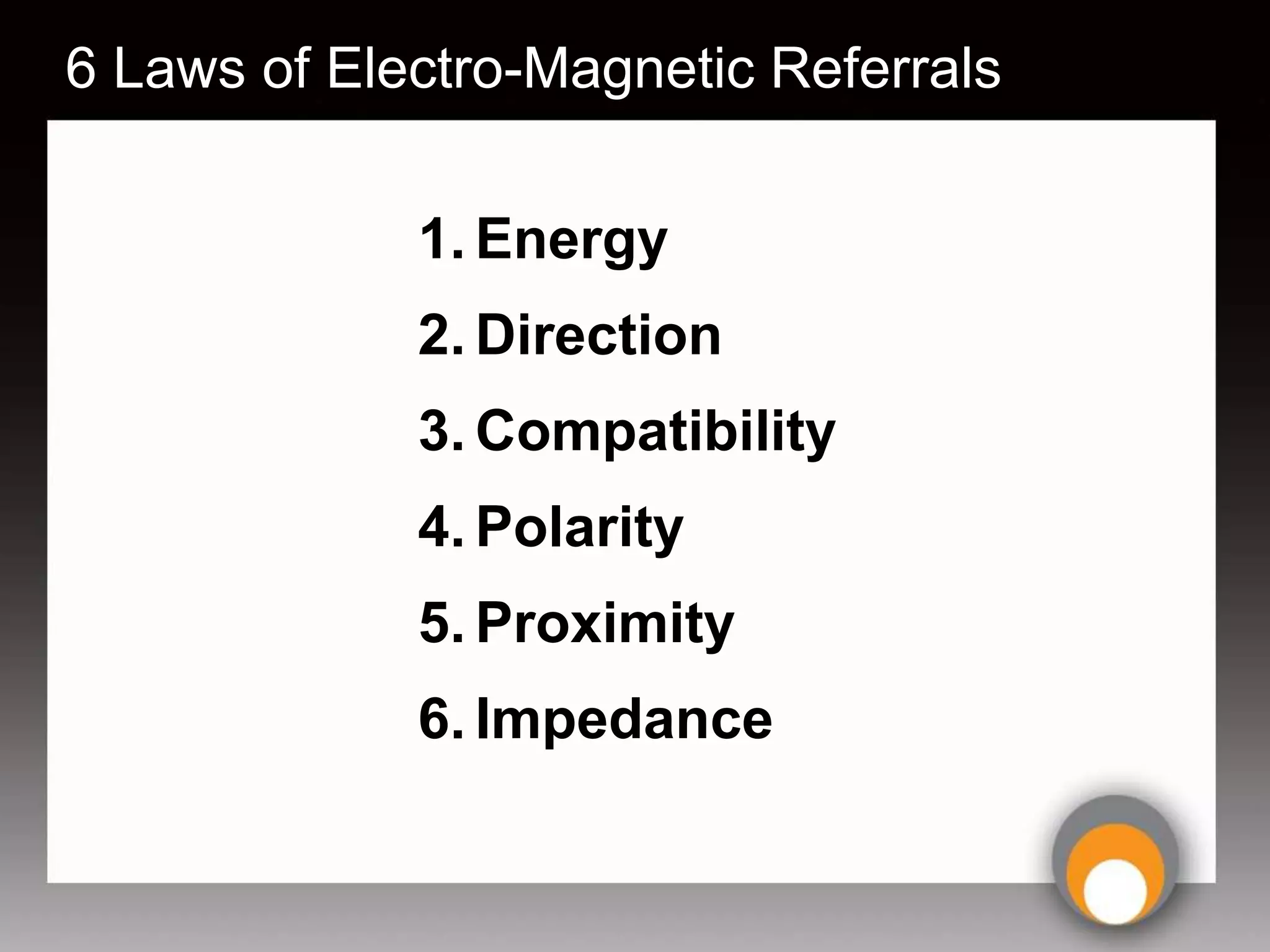 6 Laws of Electro-Magnetic Referrals

             1. Energy
             2. Direction
             3. Compatibility
             4. Polarity
             5. Proximity
             6. Impedance
 