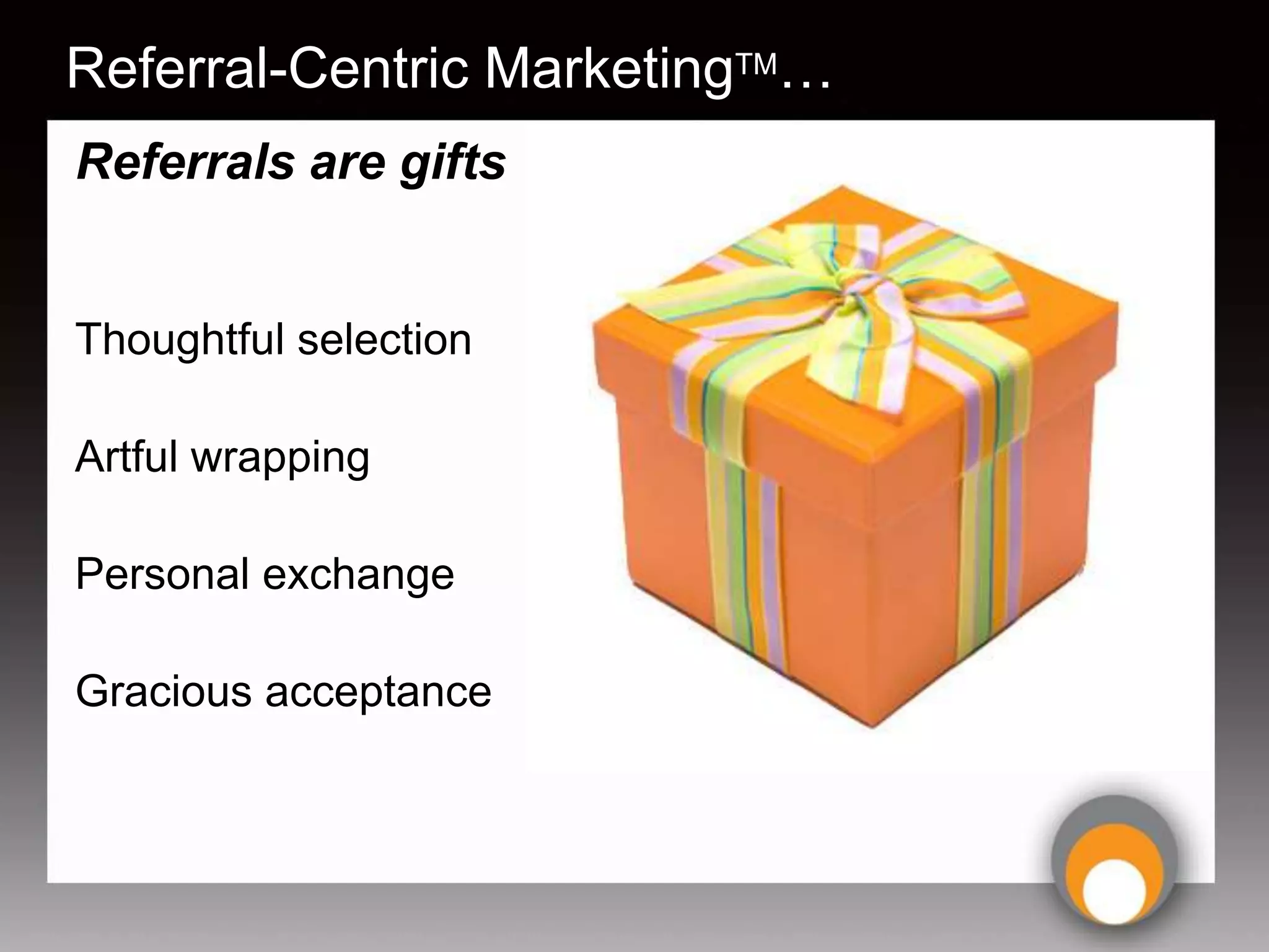 Referral-Centric MarketingTM…
Referrals are gifts


Thoughtful selection

Artful wrapping

Personal exchange

Gracious acceptance
 