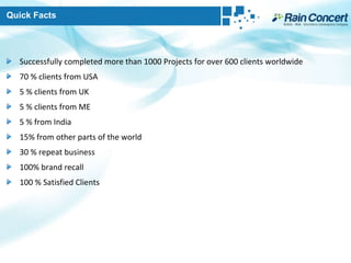 Quick Facts Successfully completed more than 1000 Projects for over 600 clients worldwide 70 % clients from USA 5 % clients from UK 5 % clients from ME 5 % from India 15% from other parts of the world 30 % repeat business 100% brand recall 100 % Satisfied Clients  