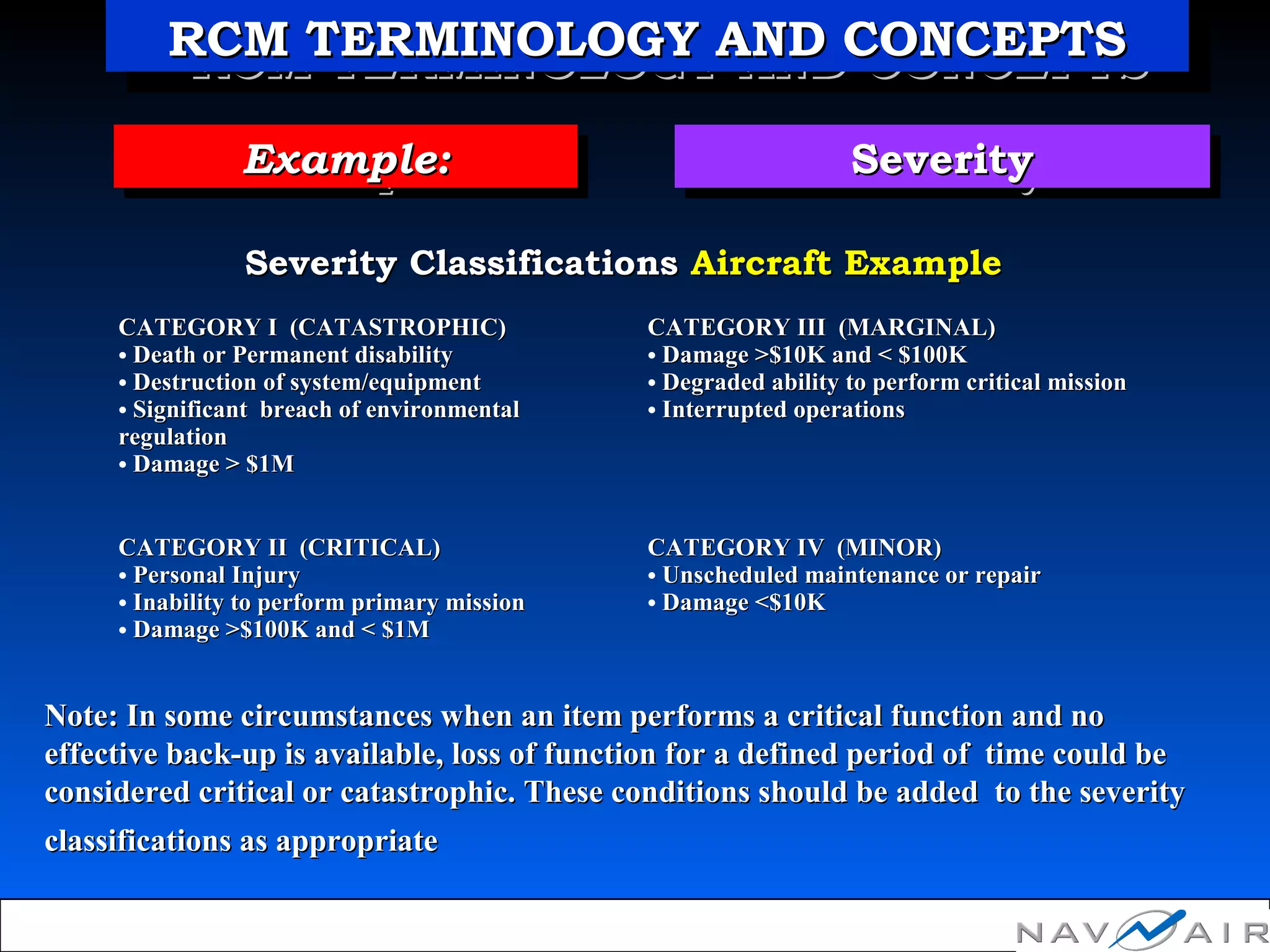 CATEGORY I (CATASTROPHIC)CATEGORY I (CATASTROPHIC)
• Death or Permanent disabilityDeath or Permanent disability
• Destruction of system/equipmentDestruction of system/equipment
• Significant breach of environmentalSignificant breach of environmental
regulationregulation
• Damage > $1MDamage > $1M
CATEGORY III (MARGINAL)CATEGORY III (MARGINAL)
• Damage >$10K and < $100KDamage >$10K and < $100K
• Degraded ability to perform critical missionDegraded ability to perform critical mission
• Interrupted operationsInterrupted operations
CATEGORY II (CRITICAL)CATEGORY II (CRITICAL)
• Personal InjuryPersonal Injury
• Inability to perform primary missionInability to perform primary mission
• Damage >$100K and < $1MDamage >$100K and < $1M
CATEGORY IV (MINOR)CATEGORY IV (MINOR)
• Unscheduled maintenance or repairUnscheduled maintenance or repair
• Damage <$10KDamage <$10K
Example:Example:Example:Example: SeveritySeveritySeveritySeverity
Severity ClassificationsSeverity Classifications Aircraft ExampleAircraft Example
Note: In some circumstances when an item performs a critical function and noNote: In some circumstances when an item performs a critical function and no
effective back-up is available, loss of function for a defined period of time could beeffective back-up is available, loss of function for a defined period of time could be
considered critical or catastrophic. These conditions should be added to the severityconsidered critical or catastrophic. These conditions should be added to the severity
classifications as appropriateclassifications as appropriate
RCM TERMINOLOGY AND CONCEPTSRCM TERMINOLOGY AND CONCEPTSRCM TERMINOLOGY AND CONCEPTSRCM TERMINOLOGY AND CONCEPTS
 