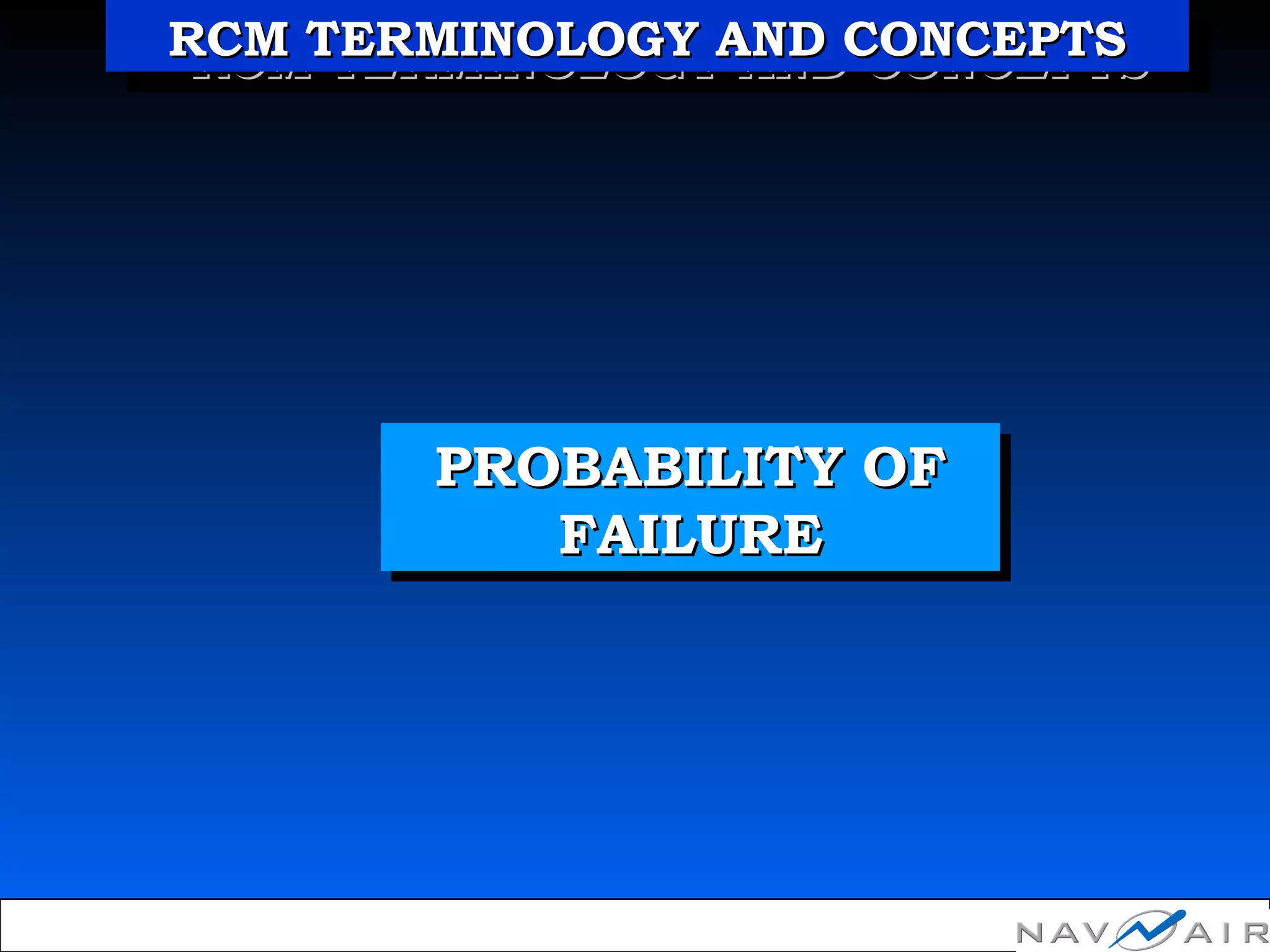 PROBABILITY OFPROBABILITY OF
FAILUREFAILURE
PROBABILITY OFPROBABILITY OF
FAILUREFAILURE
RCM TERMINOLOGY AND CONCEPTSRCM TERMINOLOGY AND CONCEPTSRCM TERMINOLOGY AND CONCEPTSRCM TERMINOLOGY AND CONCEPTS
 