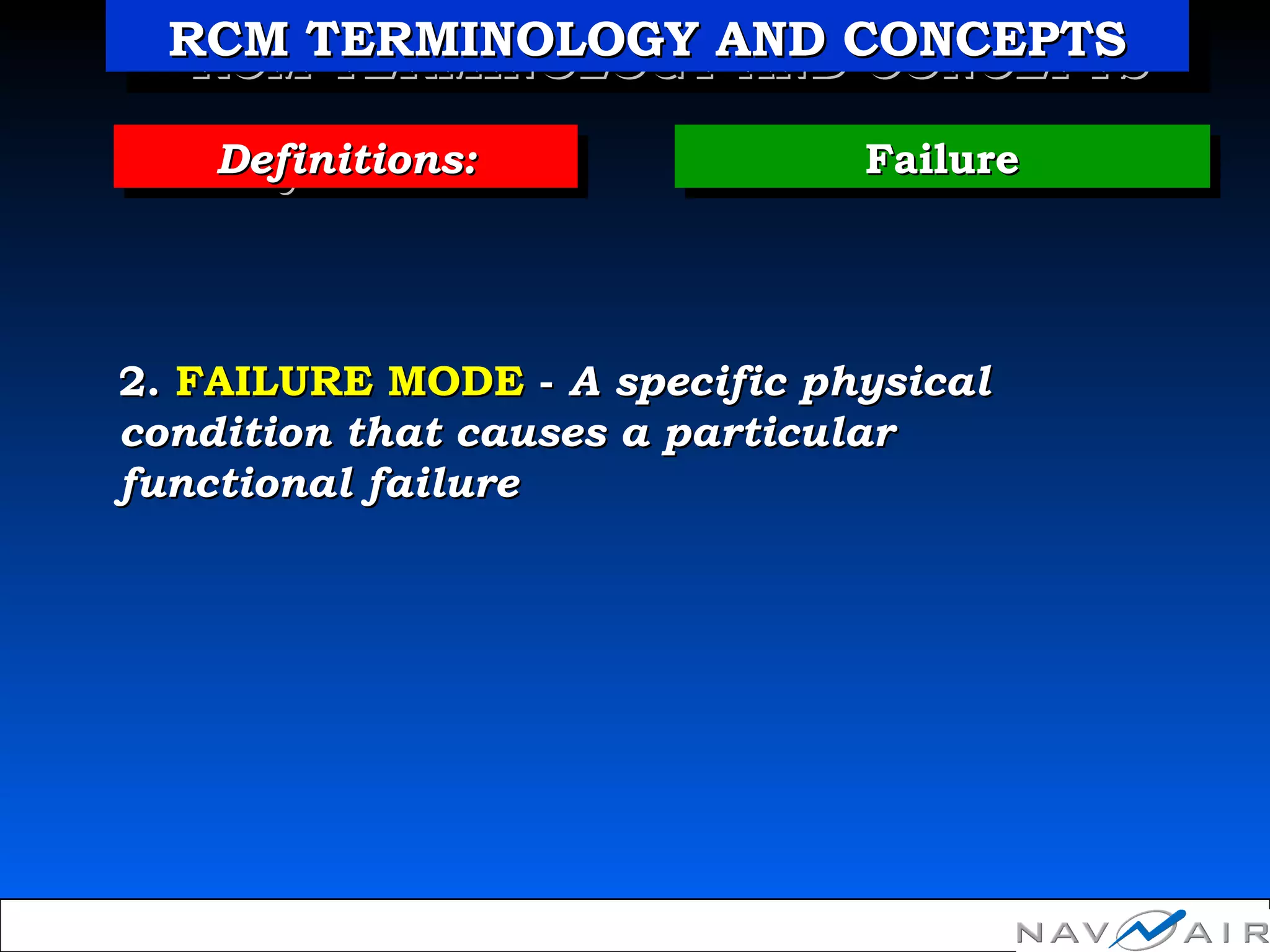 FailureFailureFailureFailureDefinitions:Definitions:Definitions:Definitions:
2.2. FAILURE MODEFAILURE MODE -- A specific physicalA specific physical
condition that causes a particularcondition that causes a particular
functional failurefunctional failure
RCM TERMINOLOGY AND CONCEPTSRCM TERMINOLOGY AND CONCEPTSRCM TERMINOLOGY AND CONCEPTSRCM TERMINOLOGY AND CONCEPTS
 