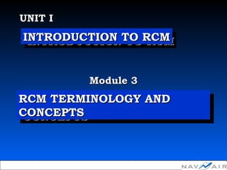 Module 3Module 3
UNIT IUNIT I
"Copyright 2002, Information Spectrum, Inc. All Rights Reserved."
INTRODUCTION TO RCMINTRODUCTION TO RCMINTRODUCTION TO RCMINTRODUCTION TO RCM
RCM TERMINOLOGY ANDRCM TERMINOLOGY AND
CONCEPTSCONCEPTS
RCM TERMINOLOGY ANDRCM TERMINOLOGY AND
CONCEPTSCONCEPTS
 