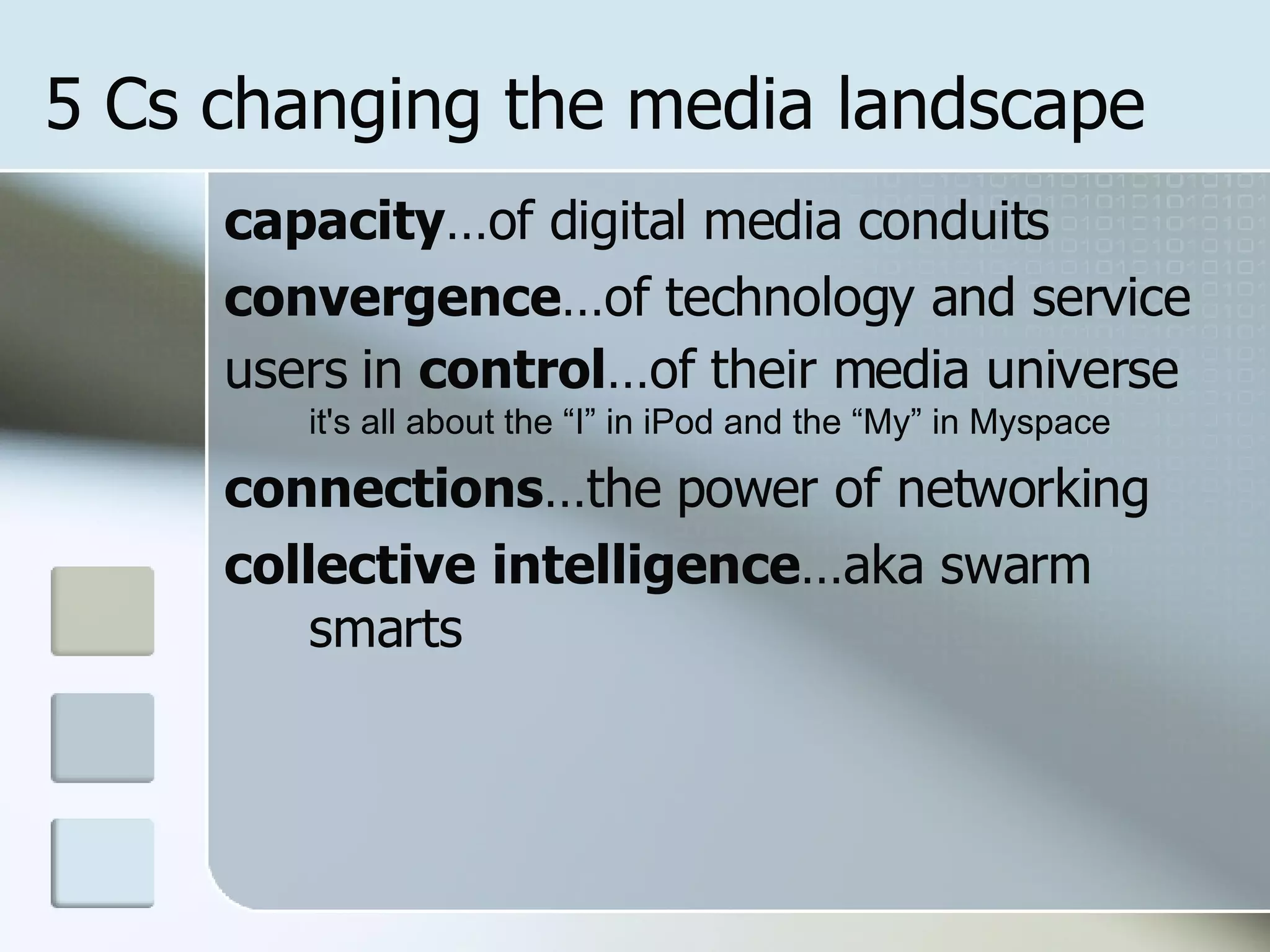 5 Cs changing the media landscape capacity …of digital media conduits convergence …of technology and service users in  control …of their media universe it's all about the “I” in iPod and the “My” in Myspace connections …the power of networking collective   intelligence …aka swarm smarts 