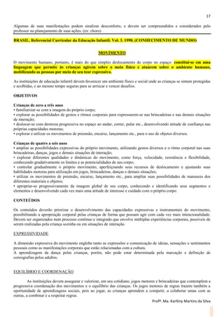 17
Profª. Ma. Karlliny Martins da Silva
Algumas de suas manifestações podem sinalizar desconforto, e devem ser compreendidos e considerados pelo
professor no planejamento de suas ações. (ex: choro)
BRASIL. Referencial Curricular da Educação Infantil. Vol. 3. 1998. (CONHECIMENTO DE MUNDO)
MOVIMENTO
O movimento humano, portanto, é mais do que simples deslocamento do corpo no espaço: constitui-se em uma
linguagem que permite às crianças agirem sobre o meio físico e atuarem sobre o ambiente humano,
mobilizando as pessoas por meio de seu teor expressivo.
As instituições de educação infantil devem favorecer um ambiente físico e social onde as crianças se sintam protegidas
e acolhidas, e ao mesmo tempo seguras para se arriscar e vencer desafios.
OBJETIVOS
Crianças de zero a três anos
• familiarizar-se com a imagem do próprio corpo;
• explorar as possibilidades de gestos e ritmos corporais para expressarem-se nas brincadeiras e nas demais situações
de interação;
• deslocar-se com destreza progressiva no espaço ao andar, correr, pular etc., desenvolvendo atitude de confiança nas
próprias capacidades motoras;
• explorar e utilizar os movimentos de preensão, encaixe, lançamento etc., para o uso de objetos diversos.
Crianças de quatro a seis anos
• ampliar as possibilidades expressivas do próprio movimento, utilizando gestos diversos e o ritmo corporal nas suas
brincadeiras, danças, jogos e demais situações de interação;
• explorar diferentes qualidades e dinâmicas do movimento, como força, velocidade, resistência e flexibilidade,
conhecendo gradativamente os limites e as potencialidades de seu corpo;
• controlar gradualmente o próprio movimento, aperfeiçoando seus recursos de deslocamento e ajustando suas
habilidades motoras para utilização em jogos, brincadeiras, danças e demais situações;
• utilizar os movimentos de preensão, encaixe, lançamento etc., para ampliar suas possibilidades de manuseio dos
diferentes materiais e objetos;
• apropriar-se progressivamente da imagem global de seu corpo, conhecendo e identificando seus segmentos e
elementos e desenvolvendo cada vez mais uma atitude de interesse e cuidado com o próprio corpo.
CONTEÚDOS
Os conteúdos deverão priorizar o desenvolvimento das capacidades expressivas e instrumentais do movimento,
possibilitando a apropriação corporal pelas crianças de forma que possam agir com cada vez mais intencionalidade.
Devem ser organizados num processo contínuo e integrado que envolve múltiplas experiências corporais, possíveis de
serem realizadas pela criança sozinha ou em situações de interação.
EXPRESSIVIDADE
A dimensão expressiva do movimento engloba tanto as expressões e comunicação de ideias, sensações e sentimentos
pessoais como as manifestações corporais que estão relacionadas com a cultura.
A aprendizagem da dança pelas crianças, porém, não pode estar determinada pela marcação e definição de
coreografias pelos adultos.
EQUILÍBRIO E COORDENAÇÃO
As instituições devem assegurar e valorizar, em seu cotidiano, jogos motores e brincadeiras que contemplem a
progressiva coordenação dos movimentos e o equilíbrio das crianças. Os jogos motores de regras trazem também a
oportunidade de aprendizagens sociais, pois ao jogar, as crianças aprendem a competir, a colaborar umas com as
outras, a combinar e a respeitar regras.
 