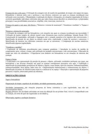 25
Profª. Ma. Karlliny Martins da Silva
Crianças de zero a três anos: • Utilização da contagem oral, de noções de quantidade, de tempo e de espaço em jogos,
brincadeiras e músicas junto com o professor e nos diversos contextos nos quais as crianças reconheçam essa
utilização como necessária. • Manipulação e exploração de objetos e brinquedos, em situações organizadas de forma a
existirem quantidades individuais suficientes para que cada criança possa descobrir as características e propriedades
principais e suas possibilidades associativas: empilhar, rolar, transvasar, encaixar etc.
Crianças de quatro a seis anos: três blocos - “Números e sistema de numeração”, “Grandezas e medidas” e “Espaço e
forma”.
Números e sistema de numeração
• Utilização da contagem oral nas brincadeiras e em situações nas quais as crianças reconheçam sua necessidade. •
Utilização de noções simples de cálculo mental como ferramenta para resolver problemas. Iolanda Huzak 220 •
Comunicação de quantidades, utilizando a linguagem oral, a notação numérica e/ou registros não convencionais. •
Identificação da posição de um objeto ou número numa série, explicitando a noção de sucessor e antecessor. •
Identificação de números nos diferentes contextos em que se encontram. • Comparação de escritas numéricas,
identificando algumas regularidades.
“Grandezas e medidas”
• Exploração de diferentes procedimentos para comparar grandezas. • Introdução às noções de medida de
comprimento, peso, volume e tempo, pela utilização de unidades convencionais e não convencionais. • Marcação do
tempo por meio de calendários. • Experiências com dinheiro em brincadeiras ou em situações de interesse das
crianças.
Espaço e forma
• Explicitação e/ou representação da posição de pessoas e objetos, utilizando vocabulário pertinente nos jogos, nas
brincadeiras e nas diversas situações nas quais as crianças considerarem necessário essa ação. • Exploração e
identificação de propriedades geométricas de objetos e figuras, como formas, tipos de contornos, bidimensionalidade,
tridimensionalidade, faces planas, lados retos etc. • Representações bidimensionais e tridimensionais de objetos. •
Identificação de pontos de referência para situar-se e deslocar-se no espaço. • Descrição e representação de pequenos
percursos e trajetos, observando pontos de referência.
ORIENTAÇÕES GERAIS
Jogos e brincadeiras
Organização do tempo: sequência de atividades; atividades permanentes, projetos.
Atividades permanentes: são situações propostas de forma sistemática e com regularidade, mas não são
necessariamente diárias.
Projetos (Projetos são atividades articuladas em torno da obtenção de um produto final, visível e compartilhado com
as crianças, em torno do qual são organizadas as atividades.).
Observação, registro e avaliação formativa
 