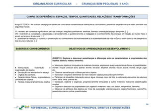ORGANIZADOR CURRICULAR – CRIANÇAS BEM PEQUENAS (1 ANO)
94
CAMPO DE EXPERIÊNCIA: ESPAÇOS, TEMPOS, QUANTIDADES, RELAÇÕES E TRANSFORMAÇÕES
Artigo 9º DCNEIs - As práticas pedagógicas devem ter como eixos norteadores as interações e a brincadeira, garantindo experiências que estão previstas nos
seguintes incisos:
IV - recriem, em contextos significativos para as crianças, relações quantitativas, medidas, formas e orientações espaço temporais; [...]
VIII - incentivem a curiosidade, a exploração, o encantamento, o questionamento, a indagação e o conhecimento das crianças em relação ao mundo físico e
social, ao tempo e à natureza; [...]
X - promovam a interação, o cuidado, a preservação e o conhecimento da biodiversidade e da sustentabilidade da vida na Terra, assim como o não desperdício
dos recursos naturais; [...]
SABERES E CONHECIMENTOS OBJETIVOS DE APRENDIZAGEM E DESENVOLVIMENTO
● Manipulação, exploração e
organização de objetos.
● Percepção dos elementos no espaço.
● Órgãos dos sentidos.
● Características físicas, propriedades e
utilidades dos objetos.
● Textura, massa e tamanho dos objetos.
(EI02ET01) Explorar e descrever semelhanças e diferenças entre as características e propriedades dos
objetos (textura, massa, tamanho).
● Manipular objetos e brinquedos de materiais diversos, explorando suas características físicas e possibilidades:
morder, chupar, produzir sons, apertar, encher, esvaziar, empilhar, afundar, flutuar, soprar, montar, lançar, jogar
etc.
● Observar semelhanças e diferenças entre objetos.
● Manusear e explorar elementos do meio natural e objetos produzidos pelo homem.
● Participar de situações misturando areia e água, diversas cores de tinta e explorando elementos da natureza
como: terra, lama, plantas etc.
● Manipular, explorar e organizar, progressivamente brinquedos e outros materiais realizando classificações
simples.
● Explorar e descobrir as propriedades dos objetos e materiais: odor, cor, sabor, temperatura, tamanho.
● Observar os atributos dos objetos por meio da exploração: grande/pequeno, áspero/liso/macio, quente/frio,
pesado/leve dentre outras possibilidades.
 