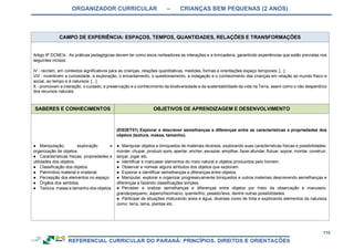 ORGANIZADOR CURRICULAR – CRIANÇAS BEM PEQUENAS (2 ANOS)
115
CAMPO DE EXPERIÊNCIA: ESPAÇOS, TEMPOS, QUANTIDADES, RELAÇÕES E TRANSFORMAÇÕES
Artigo 9º DCNEIs - As práticas pedagógicas devem ter como eixos norteadores as interações e a brincadeira, garantindo experiências que estão previstas nos
seguintes incisos:
IV - recriem, em contextos significativos para as crianças, relações quantitativas, medidas, formas e orientações espaço temporais; [...]
VIII - incentivem a curiosidade, a exploração, o encantamento, o questionamento, a indagação e o conhecimento das crianças em relação ao mundo físico e
social, ao tempo e à natureza; [...]
X - promovam a interação, o cuidado, a preservação e o conhecimento da biodiversidade e da sustentabilidade da vida na Terra, assim como o não desperdício
dos recursos naturais.
SABERES E CONHECIMENTOS OBJETIVOS DE APRENDIZAGEM E DESENVOLVIMENTO
● Manipulação, exploração e
organização de objetos.
● Características físicas, propriedades e
utilidades dos objetos.
● Classificação dos objetos.
● Patrimônio material e imaterial.
● Percepção dos elementos no espaço.
● Órgãos dos sentidos.
● Textura, massa e tamanho dos objetos.
(EI02ET01) Explorar e descrever semelhanças e diferenças entre as características e propriedades dos
objetos (textura, massa, tamanho).
● Manipular objetos e brinquedos de materiais diversos, explorando suas características físicas e possibilidades:
morder, chupar, produzir sons, apertar, encher, esvaziar, empilhar, fazer afundar, flutuar, soprar, montar, construir,
lançar, jogar etc.
● Identificar e manusear elementos do meio natural e objetos produzidos pelo homem.
● Observar e nomear alguns atributos dos objetos que exploram.
● Explorar e identificar semelhanças e diferenças entre objetos.
● Manipular, explorar e organizar progressivamente brinquedos e outros materiais descrevendo semelhanças e
diferenças e fazendo classificações simples.
● Perceber e oralizar semelhanças e diferenças entre objetos por meio da observação e manuseio:
grande/pequeno, áspero/liso/macio, quente/frio, pesado/leve, dentre outras possibilidades.
● Participar de situações misturando areia e água, diversas cores de tinta e explorando elementos da natureza
como: terra, lama, plantas etc.
 