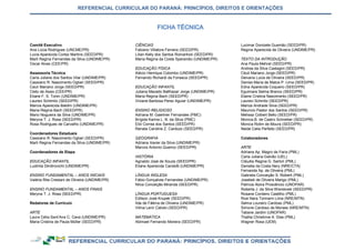 REFERENCIAL CURRICULAR DO PARANÁ: PRINCÍPIOS, DIREITOS E ORIENTAÇÕES
Comitê Executivo
Ana Lúcia Rodrigues (UNCME/PR)
Lucia Aparecida Cortez Martins (SEED/PR)
Marli Regina Fernandes da Silva (UNDIME/PR)
Oscar Alves (CEE/PR)
Assessoria Técnica
Carla Juliane dos Santos Vilar (UNDIME/PR)
Cassiano R. Nascimento Ogliari (SEED/PR)
Ceuli Mariano Jorge (SEED/PR)
Cleto de Assis (CEE/PR)
Eliane F. S. Tonin (UNDIME/PR)
Laureci Schimitz (SEED/PR)
Marcia Aparecida Baldini (UNDIME/PR)
Maria Regina Bach (SEED/PR)
Mario Nogueira da Silva (UNDIME/PR)
Meryna T. J. Rosa (SEED/PR)
Rosa Rodrigues de Carvalho (UNDIME/PR)
Coordenadores Estaduais
Cassiano R. Nascimento Ogliari (SEED/PR)
Marli Regina Fernandes da Silva (UNDIME/PR)
Coordenadores de Etapa
EDUCAÇÃO INFANTIL
Ludmila Dimitrovicht (UNDIME/PR)
ENSINO FUNDAMENTAL – ANOS INICIAIS
Valéria Rita Crestani de Oliveira (UNDIME/PR)
ENSINO FUNDAMENTAL – ANOS FINAIS
Meryna T. J. Rosa (SEED/PR)
Redatores de Currículo
ARTE
Laura Célia Sant’Ana C. Cava (UNDIME/PR)
Maria Cristina de Paula Müller (SEED/PR)
CIÊNCIAS
Fabiano Villatore Ferreira (SEED/PR)
Lilian Kelly dos Santos Romanholi (SEED/PR)
Maria Regina da Costa Sperandio (UNDIME/PR)
EDUCAÇÃO FÍSICA
Alécio Henrique Colombo (UNDIME/PR)
Fernando Richardi da Fonseca (SEED/PR)
EDUCAÇÃO INFANTIL
Juliana Macedo Balthazar Jorge (UNDIME/PR)
Maria Regina Bach (SEED/PR)
Viviane Barbosa Perez Aguiar (UNDIME/PR)
ENSINO RELIGIOSO
Adriana M. Gaertner Fernandes (PMC)
Brígida Karina L. N. da Silva (PMC)
Elói Correa dos Santos (SEED/PR)
Renata Caroline Z. Cardozo (SEED/PR)
GEOGRAFIA
Adriana Xavier da Silva (UNDIME/PR)
Marcos Antonio Queiroz (SEED/PR)
HISTÓRIA
Agnaldo José de Souza (SEED/PR)
Eliane Aparecida Candotti (UNDIME/PR)
LÍNGUA INGLESA
Fábio Gonçalves Fernandes (UNDIME/PR)
Nilva Conceição Miranda (SEED/PR)
LÍNGUA PORTUGUESA
Edilson José Krupek (SEED/PR)
Ilda de Fátima de Oliveira (UNDIME/PR)
Vilma Lenir Calixto (SEED/PR)
MATEMÁTICA
Abimael Fernando Moreira (SEED/PR)
Lucimar Donizete Gusmão (SEED/PR)
Regina Aparecida de Oliveira (UNDIME/PR)
TEXTO DA INTRODUÇÃO
Ana Paula Mehret (SEED/PR)
Andrea da Silva Castagini (SEED/PR)
Céuli Mariano Jorge (SEED/PR)
Delvana Lucia de Oliveira (SEED/PR)
Denise Maria de Matos P. Lima (SEED/PR)
Edna Aparecida Coqueiro (SEED/PR)
Eguimara Selma Branco (SEED/PR)
Elaine Cristina Nascimento (SEED/PR)
Laureci Schmitz (SEED/PR)
Mariza Andrade Silva (SEED/PR)
Mauricio Pastor dos Santos (SEED/PR)
Melissa Colbert Bello (SEED/PR)
Monica B. de Castro Schreiber (SEED/PR)
Monica Rolim de Moura (SEED/PR)
Neide Celia Perfeito (SEED/PR)
Colaboradores
ARTE
Adriana Ap. Magro de Faria (PML)
Carla Juliana Galvão (UEL)
Cláudia Regina G. Sartori (PML)
Daniella da Costa Nery (NRE/CTA)
Fernanda Ap. de Oliveira (PML)
Gabriela Conceição S. Roberti (PML)
Josebeli de Oliveira Marigo (PML)
Patrícia Alzira Proscêncio (UNOPAR)
Roberta J. da Silva Wisnievski (SEED/PR)
Rosane Cordeiro Castilho (PML)
Rosi Nara Tormann Lima (NRE/MTN)
Selma Loureiro Cardoso (PML)
Simone Cardoso de Moraes (NRE/MTN)
Tatiane Jardim (UNOPAR)
Thalita Christinne A. Dias (PML)
Wagner Rosa (UEM)
 