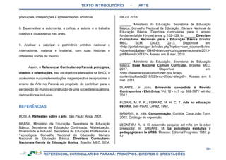 TEXTO INTRODUTÓRIO – ARTE
228
produções, intervenções e apresentações artísticas.
8. Desenvolver a autonomia, a crítica, a autoria e o trabalho
coletivo e colaborativo nas artes.
9. Analisar e valorizar o patrimônio artístico nacional e
internacional, material e imaterial, com suas histórias e
diferentes visões de mundo.
Assim, o Referencial Curricular do Paraná: princípios,
direitos e orientações, traz os objetivos elencados na BNCC e
acréscimos ou complementações na perspectiva de aproximar o
ensino da Arte no Paraná ao propósito de contribuir para a
percepção do mundo e construção de uma sociedade igualitária,
democrática e inclusiva.
BOSI, A. Reflexões sobre a arte. São Paulo: Ática, 2001.
BRASIL. Ministério da Educação. Secretaria de Educação
Básica. Secretaria de Educação Continuada, Alfabetização,
Diversidade e Inclusão. Secretaria de Educação Profissional e
Tecnológica. Conselho Nacional da Educação. Câmara
Nacional de Educação Básica. Diretrizes Curriculares
Nacionais Gerais da Educação Básica. Brasília: MEC, SEM,
DICEI, 2013.
______. Ministério da Educação. Secretaria de Educação
Básica. Conselho Nacional da Educação. Câmara Nacional da
Educação Básica. Diretrizes curriculares para o ensino
fundamental de 9 (nove) anos. p. 102-129. In: ______ Diretrizes
Curriculares Nacionais para a Educação Básica. Brasília:
MEC, SEM, DICEI, 2013. Disponível em:
<http://portal.mec.gov.br/index.php?option=com_docman&view
=download&alias=13448-diretrizes-curiculares-nacionais-2013-
pdf&Itemid=30192>. Acesso em: 6 mar. 2018.
______. Ministério da Educação. Secretaria de Educação
Básica. Base Nacional Comum Curricular. Brasília: MEC,
2017. Disponível em:
<http://basenacionalcomum.mec.gov.br/wp-
content/uploads/2018/02/bncc-20dez-site.pdf>. Acesso em: 6
mar. 2018.
DUARTE, Jr João. Entrevista concedida à Revista
Contrapontos - Eletrônica, Vol. 12 - n. 3 - p. 362-367 / set-dez
2012.
FUSARI, M. F. R.; FERRAZ, M. H. C. T. Arte na educação
escolar. São Paulo: Cortez, 1992.
HAMANN, M. Inês. Contaminação. Curitiba, Casa João Turin,
2002. Catálogo de exposição.
LEONTIEV, A. N. El desarrollo psíquico del niño em la edad
preescolar. In: SHUARE, M. La psicologia evolutiva y
pedagogica em la URSS. Moscou: Editorial Progreso, 1987. p.
57.
 