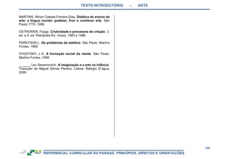 TEXTO INTRODUTÓRIO – ARTE
229
MARTINS, Mirian Celeste Ferreira Dias. Didática do ensino de
arte: a língua mundo: poetizar, fruir e conhecer arte. São
Paulo: FTD, 1998.
OSTROWER, Fayga. Criatividade e processos de criação. 3.
ed. e 5. ed. Petrópolis-RJ: Vozes, 1983 e 1986.
PAREYSON L. Os problemas da estética. São Paulo. Martins
Fontes, 1989.
VYGOTSKY, L.S. A formação social da mente. São Paulo:
Martins Fontes, 1998.
______, Lev Semenovitch. A imaginação e a arte na infância.
Tradução de Miguel Serras Pereira. Lisboa: Relógio D`água,
2009.
 