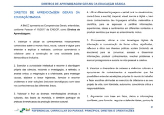 DIREITOS DE APRENDIZAGEM GERAIS DA EDUCAÇÃO BÁSICA
31
A BNCC apresenta as Competências Gerais, entendidas,
conforme Parecer nº 15/2017 da CNE/CP, como Direitos de
Aprendizagem:
1. Valorizar e utilizar os conhecimentos historicamente
construídos sobre o mundo físico, social, cultural e digital para
entender e explicar a realidade, continuar aprendendo e
colaborar para a construção de uma sociedade justa,
democrática e inclusiva.
2. Exercitar a curiosidade intelectual e recorrer à abordagem
própria das ciências, incluindo a investigação, a reflexão, a
análise crítica, a imaginação e a criatividade, para investigar
causas, elaborar e testar hipóteses, formular e resolver
problemas e criar soluções (inclusive tecnológicas) com base
nos conhecimentos das diferentes áreas.
3. Valorizar e fruir as diversas manifestações artísticas e
culturais, das locais às mundiais, e também participar de
práticas diversificadas da produção artístico-cultural.
4. Utilizar diferentes linguagens – verbal (oral ou visual-motora,
como Libras, e escrita), corporal, visual, sonora e digital –, bem
como conhecimentos das linguagens artística, matemática e
científica, para se expressar e partilhar informações,
experiências, ideias e sentimentos em diferentes contextos e
produzir sentidos que levem ao entendimento mútuo.
5. Compreender, utilizar e criar tecnologias digitais de
informação e comunicação de forma crítica, significativa,
reflexiva e ética nas diversas práticas sociais (incluindo as
escolares) para se comunicar, acessar e disseminar
informações, produzir conhecimentos, resolver problemas e
exercer protagonismo e autoria na vida pessoal e coletiva.
6. Valorizar a diversidade de saberes e vivências culturais e
apropriar-se de conhecimentos e experiências que lhe
possibilitem entender as relações próprias do mundo do trabalho
e fazer escolhas alinhadas ao exercício da cidadania e ao seu
projeto de vida, com liberdade, autonomia, consciência crítica e
responsabilidade.
7. Argumentar com base em fatos, dados e informações
confiáveis, para formular, negociar e defender ideias, pontos de
 
