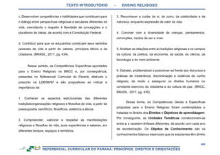 TEXTO INTRODUTÓRIO – ENSINO RELIGIOSO
400
c. Desenvolver competências e habilidades que contribuam para
o diálogo entre perspectivas religiosas e seculares diferentes de
vida, exercitando o respeito à liberdade de concepções e o
pluralismo de ideias, de acordo com a Constituição Federal;
d. Contribuir para que os educandos construam seus sentidos
pessoais de vida a partir de valores, princípios éticos e da
cidadania. (BRASIL, 2017, pg. 434).
Nesse sentido, as Competências Específicas apontadas
para o Ensino Religioso na BNCC e, por consequência,
presentes no Referencial Curricular do Paraná, efetivam o
prescrito na LDB/96/97 e são propositivas ao indicar a
importância de:
1. Conhecer os aspectos estruturantes das diferentes
tradições/organizações religiosos e filosofias de vida, a partir de
pressupostos científicos, filosóficos, estéticos e éticos.
2. Compreender, valorizar e respeitar as manifestações
religiosas e filosofias de vida, suas experiências e saberes, em
diferentes tempos, espaços e territórios.
3. Reconhecer e cuidar de si, do outro, da coletividade e da
natureza, enquanto expressão de valor da vida.
4. Conviver com a diversidade de crenças, pensamentos,
convicções, modos de ser e viver.
5. Analisar as relações entre as tradições religiosas e os campos
da cultura, da política, da economia, da saúde, da ciência, da
tecnologia e do meio ambiente.
6. Debater, problematizar e posicionar-se frente aos discursos e
práticas de intolerância, discriminação e violência de cunho
religioso, de modo a assegurar os direitos humanos no
constante exercício da cidadania e da cultura de paz. (BNCC,
BRASIL. 2017, pg. 435).
Dessa forma, as Competências Gerais e Específicas
propostas para o Ensino Religioso foram contempladas e
tratadas no âmbito dos Direitos e Objetivos de aprendizagem.
Por conseguinte, as Unidades Temáticas correlacionam-se
entre si e recebem ênfases diferentes, de acordo com cada ano
de escolarização. Os Objetos de Conhecimento são os
conhecimentos básicos essenciais que os estudantes têm direito
 
