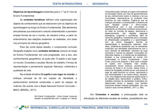 TEXTO INTRODUTÓRIO – GEOGRAFIA
415
Objetivos de Aprendizagem existentes para o 1.º ao 9.º ano do
Ensino Fundamental.
As unidades temáticas definem uma organização dos
objetos de conhecimento que se relacionam com os objetivos de
aprendizagem ao longo do Ensino Fundamental. São elementos
articuladores que estruturam o estudo sistematizado e permitem
amplas formas de ver o mundo, de maneira crítica, a partir do
entendimento das relações existentes na realidade, com base
nos princípios da ciência geográfica.
Para dar conta desse desafio, o componente curricular
Geografia engloba cinco unidades temáticas comuns ao longo
do Ensino Fundamental, em uma progressão, ano a ano, dos
conhecimentos geográficos, as quais são: O sujeito e seu lugar
no mundo; Conexões e escalas; Mundo do trabalho; Formas de
representação e pensamento espacial; Natureza, ambientes e
qualidade de vida.
Na unidade temática O sujeito e seu lugar no mundo, o
enfoque principal se dá em noções de identidade e
pertencimento territorial construídas a partir do espaço de
vivência. De acordo com a Base Nacional Comum Curricular –
BNCC (BRASIL, 2017):
No Ensino Fundamental – Anos Iniciais, busca-se
ampliar as experiências com o espaço e o tempo
vivenciadas pelas crianças em jogos e brincadeiras
na Educação Infantil, por meio do aprofundamento
de seu conhecimento sobre si mesmas e de sua
comunidade, valorizando-se os contextos mais
próximos da vida cotidiana. Espera-se que as
crianças percebam e compreendam a dinâmica de
suas relações sociais e étnico-raciais,
identificando-se com a sua comunidade e
respeitando os diferentes contextos socioculturais.
Ao tratar do conceito de espaço, estimula-se o
desenvolvimento das relações espaciais
topológicas, projetivas e euclidianas, além do
raciocínio geográfico, importantes para o processo
de alfabetização cartográfica e a aprendizagem
com as várias linguagens (formas de
representação e pensamento espacial). Além
disso, pretende-se possibilitar que os estudantes
construam sua identidade relacionando-se com o
outro (sentido de alteridade); valorizem as suas
memórias e marcas do passado vivenciadas em
diferentes lugares; e, à medida que se alfabetizam,
ampliem a sua compreensão do mundo. Em
continuidade, no Ensino Fundamental – Anos
Finais, procura-se expandir o olhar para a relação
do sujeito com contextos mais amplos,
considerando temas políticos, econômicos e
culturais do Brasil e do mundo. Dessa forma, o
estudo da Geografia constitui-se em uma busca do
lugar de cada indivíduo no mundo, valorizando a
sua individualidade e, ao mesmo tempo, situando-
o em uma categoria mais ampla de sujeito social: a
de cidadão ativo, democrático e solidário. Enfim,
cidadãos produtos de sociedades localizadas em
determinado tempo e espaço, mas também
produtores dessas mesmas sociedades, com sua
cultura e suas normas (BRASIL, 2017, p. 360).
Em Conexões e escalas, a preocupação está na
articulação de diferentes escalas de análise, possibilitando aos
 
