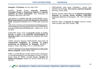 TEXTO INTRODUTÓRIO – GEOGRAFIA
424
Geografia – O Professor. Ijuí: Ed. Unijuí, 2013.
DUARTE, Ronaldo Goulart. Educação Geográfica,
Cartografia Escolar e Pensamento Espacial no segundo
segmento do ensino fundamental. Tese (Doutorado em
Geografia ) São Paulo: USP, 2016.
GOLLEDGE, R. G; MARSH, Meredith and BATTERSBY, Sarah.
Matching geospatial concepts with geographic educational
needs. Geographical Research 46 (1): 85-98, 2008. Disponível
em:
<http://www.umsl.edu/~naumannj/professional%20geography%
20articles/Matching%20Geospatial%20Concepts%20with%20G
eographic%20Educational%20Need.pdf>. Acesso em: 18 de
set. 2018.
KAERCHER, Nestor André. A Geografia escolar na prática
docente: a utopia e os obstáculos epistemológicos da
Geografia Crítica. Tese (Doutorado em Geografia) São Paulo:
USP, 2004.
LOPES, Claudivan Sanches; PONTUSCHKA, Nídia Nacib. O
conhecimento pedagógico do conteúdo na prática
profissional de professores de Geografia. GEOUSP –
Espaço e Tempo - São Paulo, v.19, n.1, p.076-092, 2015.
PARANA. Diretrizes Curriculares Orientadoras da Educação
Básica: Geografia. Curitiba: SEED, 2008.
PIRES, Lucineide Mendes; ALVES, Adriana Olivia. Revisitando
os conceitos geográficos e sua abordagem no ensino. In: SILVA,
Eunice Isaias da; PIRES, Lucineide Mendes. Desafios da
Didática de Geografia. Goiânia: Ed. Da PUC Goiás, 2013. pp.
235-254.
PONTUSCHKA, Nídia Nacib; PAGANELLI, Tomoko Yida;
CACETE, Núria Hanglei. Para ensinar e aprender Geografia.
São Paulo: Cortez, 2009.
ROCHA, Genylton Odilon Rego da. A trajetória da disciplina
Geografia no currículo escolar brasileiro (1839-1942).
Dissertação (Mestrado em Educação) – FE – PUC. São Paulo,
1994.
SANTOS, Milton. A natureza do espaço: técnica e tempo,
razão e emoção. São Paulo: Hucitec, 1996.
 