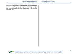 TEXTO INTRODUTÓRIO – EDUCAÇÃO INFANTIL
58
da Educação. Orientações pedagógica da Educação Infantil:
estudos e reflexões para organização do trabalho pedagógico
no Paraná. Secretaria de Estado de Educação. 2. ed. Curitiba:
SEED/PR, 2015.
 