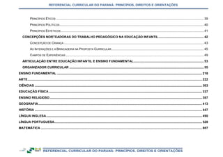 REFERENCIAL CURRICULAR DO PARANÁ: PRINCÍPIOS, DIREITOS E ORIENTAÇÕES
PRINCÍPIOS ÉTICOS ...................................................................................................................................................................... 39
PRINCÍPIOS POLÍTICOS.................................................................................................................................................................. 40
PRINCÍPIOS ESTÉTICOS................................................................................................................................................................. 41
CONCEPÇÕES NORTEADORAS DO TRABALHO PEDAGÓGICO NA EDUCAÇÃO INFANTIL................................................... 42
CONCEPÇÃO DE CRIANÇA ............................................................................................................................................................. 43
AS INTERAÇÕES E A BRINCADEIRA NA PROPOSTA CURRICULAR........................................................................................................ 45
CAMPOS DE EXPERIÊNCIAS ........................................................................................................................................................... 49
ARTICULAÇÃO ENTRE EDUCAÇÃO INFANTIL E ENSINO FUNDAMENTAL............................................................................... 53
ORGANIZADOR CURRICULAR ....................................................................................................................................................... 55
ENSINO FUNDAMENTAL ................................................................................................................................................................... 218
ARTE.................................................................................................................................................................................................... 222
CIÊNCIAS ............................................................................................................................................................................................ 303
EDUCAÇÃO FÍSICA ............................................................................................................................................................................ 337
ENSINO RELIGIOSO........................................................................................................................................................................... 397
GEOGRAFIA........................................................................................................................................................................................ 413
HISTÓRIA ............................................................................................................................................................................................ 447
LÍNGUA INGLESA............................................................................................................................................................................... 490
LÍNGUA PORTUGUESA...................................................................................................................................................................... 528
MATEMÁTICA ..................................................................................................................................................................................... 807
 
