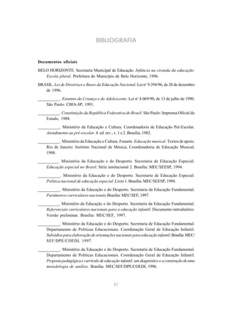 87
BIBLIOGRAFIA
Documentos oficiais
BELO HORIZONTE. Secretaria Municipal de Educação. Infância na ciranda da educação.
Escola plural. Prefeitura do Município de Belo Horizonte, 1996.
BRASIL. Lei de Diretrizes e Bases da Educação Nacional. Lei no
9.394/96, de 20 de dezembro
de 1996.
__________. Estatuto da Criança e do Adolescente. Lei no
8.069/90, de 13 de julho de 1990.
São Paulo: CBIA-SP, 1991.
__________. Constituição da República Federativa do Brasil. São Paulo: Imprensa Oficial do
Estado, 1988.
__________. Ministério da Educação e Cultura. Coordenadoria de Educação Pré-Escolar.
Atendimento ao pré-escolar. 4. ed. rev., v. 1 e 2. Brasília, 1982.
__________. Ministério da Educação e Cultura. Funarte. Educação musical. Textos de apoio.
Rio de Janeiro: Instituto Nacional de Música, Coordenadoria de Educação Musical,
1988.
_________. Ministério da Educação e do Desporto. Secretaria de Educação Especial.
Educação especial no Brasil. Série institucional 2. Brasília: MEC/SEESP, 1994.
__________. Ministério da Educação e do Desporto. Secretaria de Educação Especial.
Política nacional de educação especial. Livro 1. Brasília: MEC/SEESP, 1994.
__________. Ministério da Educação e do Desporto. Secretaria da Educação Fundamental.
Parâmetros curriculares nacionais.Brasília: MEC/SEF, 1997.
__________. Ministério da Educação e do Desporto. Secretaria da Educação Fundamental.
Referenciais curriculares nacionais para a educação infantil. Documento introdutório.
Versão preliminar. Brasília: MEC/SEF, 1997.
__________. Ministério da Educação e do Desporto. Secretaria de Educação Fundamental.
Departamento de Políticas Educacionais. Coordenação Geral de Educação Infantil.
Subsídios para elaboração de orientações nacionais para educação infantil.Brasília:MEC/
SEF/DPE/COEDI, 1997.
__________. Ministério da Educação e do Desporto. Secretaria de Educação Fundamental.
Departamento de Políticas Educacionais. Coordenação Geral de Educação Infantil.
Proposta pedagógica e currículo de educação infantil: um diagnóstico e a construção deuma
metodologia de análise. Brasília: MEC/SEF/DPE/COEDI, 1996.
 