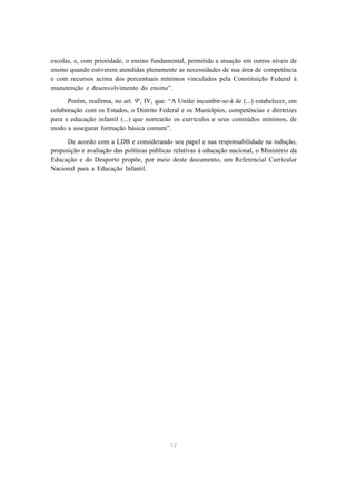 12
escolas, e, com prioridade, o ensino fundamental, permitida a atuação em outros níveis de
ensino quando estiverem atendidas plenamente as necessidades de sua área de competência
e com recursos acima dos percentuais mínimos vinculados pela Constituição Federal à
manutenção e desenvolvimento do ensino”.
Porém, reafirma, no art. 9º, IV, que: “A União incumbir-se-á de (...) estabelecer, em
colaboração com os Estados, o Distrito Federal e os Municípios, competências e diretrizes
para a educação infantil (...) que nortearão os currículos e seus conteúdos mínimos, de
modo a assegurar formação básica comum”.
De acordo com a LDB e considerando seu papel e sua responsabilidade na indução,
proposição e avaliação das políticas públicas relativas à educação nacional, o Ministério da
Educação e do Desporto propõe, por meio deste documento, um Referencial Curricular
Nacional para a Educação Infantil.
 