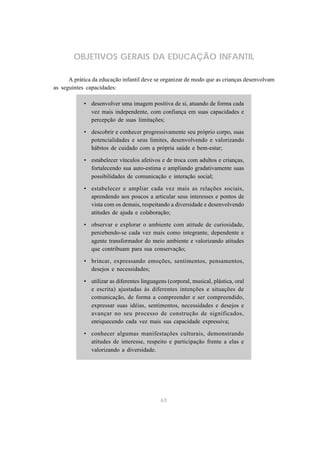 63
OBJETIVOS GERAIS DA EDUCAÇÃO INFANTIL
A prática da educação infantil deve se organizar de modo que as crianças desenvolvam
as seguintes capacidades:
• desenvolver uma imagem positiva de si, atuando de forma cada
vez mais independente, com confiança em suas capacidades e
percepção de suas limitações;
• descobrir e conhecer progressivamente seu próprio corpo, suas
potencialidades e seus limites, desenvolvendo e valorizando
hábitos de cuidado com a própria saúde e bem-estar;
• estabelecer vínculos afetivos e de troca com adultos e crianças,
fortalecendo sua auto-estima e ampliando gradativamente suas
possibilidades de comunicação e interação social;
• estabelecer e ampliar cada vez mais as relações sociais,
aprendendo aos poucos a articular seus interesses e pontos de
vista com os demais, respeitando a diversidade e desenvolvendo
atitudes de ajuda e colaboração;
• observar e explorar o ambiente com atitude de curiosidade,
percebendo-se cada vez mais como integrante, dependente e
agente transformador do meio ambiente e valorizando atitudes
que contribuam para sua conservação;
• brincar, expressando emoções, sentimentos, pensamentos,
desejos e necessidades;
• utilizar as diferentes linguagens (corporal, musical, plástica, oral
e escrita) ajustadas às diferentes intenções e situações de
comunicação, de forma a compreender e ser compreendido,
expressar suas idéias, sentimentos, necessidades e desejos e
avançar no seu processo de construção de significados,
enriquecendo cada vez mais sua capacidade expressiva;
• conhecer algumas manifestações culturais, demonstrando
atitudes de interesse, respeito e participação frente a elas e
valorizando a diversidade.
 