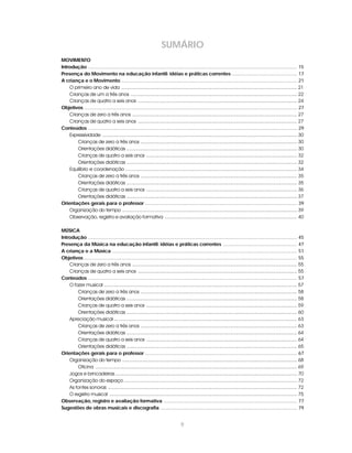 SUMÁRIO 
MOVIMENTO 
Introdução ................................................................................................................................................... 15 
Presença do Movimento na educação infantil: idéias e práticas correntes .............................................. 17 
A criança e o Movimento ............................................................................................................................ 21 
O primeiro ano de vida ............................................................................................................................ 21 
Crianças de um a três anos ..................................................................................................................... 22 
Crianças de quatro a seis anos ................................................................................................................ 24 
Objetivos ...................................................................................................................................................... 27 
Crianças de zero a três anos .................................................................................................................... 27 
Crianças de quatro a seis anos ................................................................................................................ 27 
Conteúdos ................................................................................................................................................... 29 
Expressividade ......................................................................................................................................... 30 
Crianças de zero a três anos .............................................................................................................. 30 
Orientações didáticas ........................................................................................................................ 30 
Crianças de quatro a seis anos .......................................................................................................... 32 
Orientações didáticas ........................................................................................................................ 32 
Equilíbrio e coordenação ......................................................................................................................... 34 
Crianças de zero a três anos .............................................................................................................. 35 
Orientações didáticas ........................................................................................................................ 35 
Crianças de quatro a seis anos .......................................................................................................... 36 
Orientações didáticas ........................................................................................................................ 37 
Orientações gerais para o professor ........................................................................................................... 39 
Organização do tempo ........................................................................................................................... 39 
Observação, registro e avaliação formativa ............................................................................................. 40 
MÚSICA 
Introdução ................................................................................................................................................... 45 
Presença da Música na educação infantil: idéias e práticas correntes .................................................... 47 
A criança e a Música .................................................................................................................................. 51 
Objetivos ...................................................................................................................................................... 55 
Crianças de zero a três anos .................................................................................................................... 55 
Crianças de quatro a seis anos ................................................................................................................ 55 
Conteúdos ................................................................................................................................................... 57 
O fazer musical ........................................................................................................................................ 57 
Crianças de zero a três anos .............................................................................................................. 58 
Orientações didáticas ........................................................................................................................ 58 
Crianças de quatro a seis anos .......................................................................................................... 59 
Orientações didáticas ........................................................................................................................ 60 
Apreciação musical ................................................................................................................................. 63 
Crianças de zero a três anos .............................................................................................................. 63 
Orientações didáticas ........................................................................................................................ 64 
Crianças de quatro a seis anos .......................................................................................................... 64 
Orientações didáticas ........................................................................................................................ 65 
Orientações gerais para o professor ........................................................................................................... 67 
Organização do tempo ........................................................................................................................... 68 
Oficina .............................................................................................................................................. 69 
Jogos e brincadeiras ................................................................................................................................ 70 
Organização do espaço .......................................................................................................................... 72 
As fontes sonoras ..................................................................................................................................... 72 
O registro musical .................................................................................................................................... 75 
Observação, registro e avaliação formativa .............................................................................................. 77 
Sugestões de obras musicais e discografia ................................................................................................ 79 
9 
 