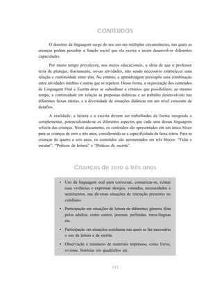 CONTEÚDOS 
O domínio da linguagem surge do seu uso em múltiplas circunstâncias, nas quais as 
crianças podem perceber a função social que ela exerce e assim desenvolver diferentes 
capacidades. 
Por muito tempo prevaleceu, nos meios educacionais, a idéia de que o professor 
teria de planejar, diariamente, novas atividades, não sendo necessário estabelecer uma 
relação e continuidade entre elas. No entanto, a aprendizagem pressupõe uma combinação 
entre atividades inéditas e outras que se repetem. Dessa forma, a organização dos conteúdos 
de Linguagem Oral e Escrita deve se subordinar a critérios que possibilitem, ao mesmo 
tempo, a continuidade em relação às propostas didáticas e ao trabalho desenvolvido nas 
diferentes faixas etárias, e a diversidade de situações didáticas em um nível crescente de 
desafios. 
A oralidade, a leitura e a escrita devem ser trabalhadas de forma integrada e 
complementar, potencializando-se os diferentes aspectos que cada uma dessas linguagens 
solicita das crianças. Neste documento, os conteúdos são apresentados em um único bloco 
para as crianças de zero a três anos, considerando-se a especificidade da faixa etária. Para as 
crianças de quatro a seis anos, os conteúdos são apresentados em três blocos: “Falar e 
escutar”, “Práticas de leitura” e “Práticas de escrita”. 
Crianças de zero a três anos 
• Uso da linguagem oral para conversar, comunicar-se, relatar 
suas vivências e expressar desejos, vontades, necessidades e 
sentimentos, nas diversas situações de interação presentes no 
cotidiano. 
• Participação em situações de leitura de diferentes gêneros feita 
pelos adultos, como contos, poemas, parlendas, trava-línguas 
etc. 
• Participação em situações cotidianas nas quais se faz necessário 
o uso da leitura e da escrita. 
• Observação e manuseio de materiais impressos, como livros, 
revistas, histórias em quadrinhos etc. 
133 
 