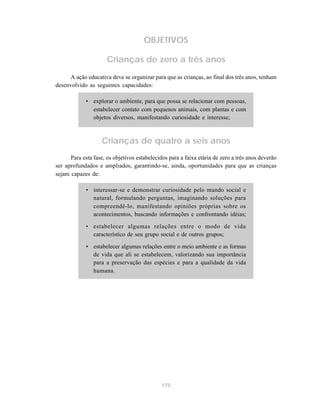 OBJETIVOS 
Crianças de zero a três anos 
A ação educativa deve se organizar para que as crianças, ao final dos três anos, tenham 
175 
desenvolvido as seguintes capacidades: 
• explorar o ambiente, para que possa se relacionar com pessoas, 
estabelecer contato com pequenos animais, com plantas e com 
objetos diversos, manifestando curiosidade e interesse; 
Crianças de quatro a seis anos 
Para esta fase, os objetivos estabelecidos para a faixa etária de zero a três anos deverão 
ser aprofundados e ampliados, garantindo-se, ainda, oportunidades para que as crianças 
sejam capazes de: 
• interessar-se e demonstrar curiosidade pelo mundo social e 
natural, formulando perguntas, imaginando soluções para 
compreendê-lo, manifestando opiniões próprias sobre os 
acontecimentos, buscando informações e confrontando idéias; 
• estabelecer algumas relações entre o modo de vida 
característico de seu grupo social e de outros grupos; 
• estabelecer algumas relações entre o meio ambiente e as formas 
de vida que ali se estabelecem, valorizando sua importância 
para a preservação das espécies e para a qualidade da vida 
humana. 
 