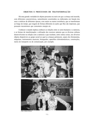 OBJETOS E PROCESSOS DE TRANSFORMAÇÃO 
Há uma grande variedade de objetos presentes no meio em que a criança está inserida, 
com diferentes características, naturalmente constituídos ou elaborados em função dos 
usos e estéticas de diferentes épocas, com maior ou menor resistência, que se transformam 
ao longo do tempo, que reagem de formas diferentes às ações que lhes são impressas, que 
possuem mecanismos que consomem energia etc. 
Conhecer o mundo implica conhecer as relações entre os seres humanos e a natureza, 
e as formas de transformação e utilização dos recursos naturais que as diversas culturas 
desenvolveram na relação com a natureza e que resultam, entre outras coisas, nos diversos 
objetos disponíveis ao grupo social ao qual as crianças pertencem, sejam eles ferramentas, 
máquinas, instrumentos musicais, brinquedos, aparelhos eletrodomésticos, construções, 
meios de transporte ou de comunicação, por exemplo. 
186 
Fotos: Heloísa Pacheco 
 