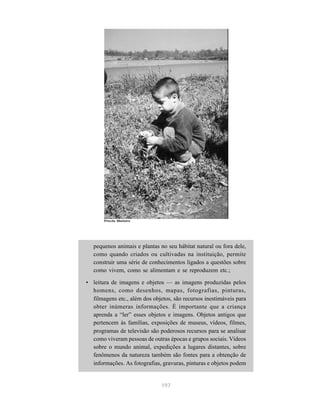 pequenos animais e plantas no seu hábitat natural ou fora dele, 
como quando criados ou cultivadas na instituição, permite 
construir uma série de conhecimentos ligados a questões sobre 
como vivem, como se alimentam e se reproduzem etc.; 
• leitura de imagens e objetos — as imagens produzidas pelos 
homens, como desenhos, mapas, fotografias, pinturas, 
filmagens etc., além dos objetos, são recursos inestimáveis para 
obter inúmeras informações. É importante que a criança 
aprenda a “ler” esses objetos e imagens. Objetos antigos que 
pertencem às famílias, exposições de museus, vídeos, filmes, 
programas de televisão são poderosos recursos para se analisar 
como viveram pessoas de outras épocas e grupos sociais. Vídeos 
sobre o mundo animal, expedições a lugares distantes, sobre 
fenômenos da natureza também são fontes para a obtenção de 
informações. As fotografias, gravuras, pinturas e objetos podem 
197 
Priscila Monteiro 
 