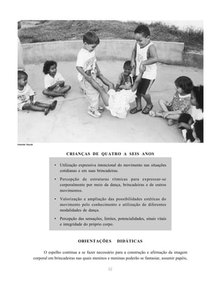 CRIANÇAS DE QUATRO A SEIS ANOS 
• Utilização expressiva intencional do movimento nas situações 
cotidianas e em suas brincadeiras. 
• Percepção de estruturas rítmicas para expressar-se 
corporalmente por meio da dança, brincadeiras e de outros 
movimentos. 
• Valorização e ampliação das possibilidades estéticas do 
movimento pelo conhecimento e utilização de diferentes 
modalidades de dança. 
• Percepção das sensações, limites, potencialidades, sinais vitais 
e integridade do próprio corpo. 
ORIENTAÇÕES DIDÁTICAS 
O espelho continua a se fazer necessário para a construção e afirmação da imagem 
corporal em brincadeiras nas quais meninos e meninas poderão se fantasiar, assumir papéis, 
32 
Iolanda Huzak 
 