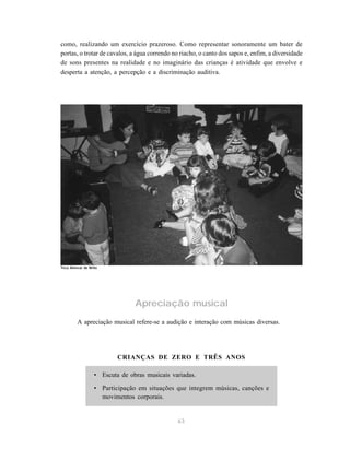 como, realizando um exercício prazeroso. Como representar sonoramente um bater de 
portas, o trotar de cavalos, a água correndo no riacho, o canto dos sapos e, enfim, a diversidade 
de sons presentes na realidade e no imaginário das crianças é atividade que envolve e 
desperta a atenção, a percepção e a discriminação auditiva. 
63 
Teca Alencar de Brito 
Apreciação musical 
A apreciação musical refere-se a audição e interação com músicas diversas. 
CRIANÇAS DE ZERO E TRÊS ANOS 
• Escuta de obras musicais variadas. 
• Participação em situações que integrem músicas, canções e 
movimentos corporais. 
 