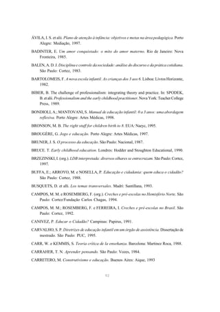 ÁVILA, I. S. et alii. Plano de atenção à infância: objetivos e metas na área pedagógica. Porto 
92 
Alegre: Mediação, 1997. 
BADINTER, E. Um amor conquistado: o mito do amor materno. Rio de Janeiro: Nova 
Fronteira, 1985. 
BALEN, A. D. J. Disciplina e controle da sociedade: análise do discurso e da prática cotidiana. 
São Paulo: Cortez, 1983. 
BARTOLOMEIS, F. A nova escola infantil. As crianças dos 3 aos 6. Lisboa: Livros Horizonte, 
1982. 
BIBER, B. The challenge of professionalism: integrating theory and practice. In: SPODEK, 
B. et alii. Professionalism and the early childhood practitioner. Nova York: Teacher College 
Press, 1989. 
BONDIOLI, A.; MANTOVANI, S. Manual de educação infantil: 0 a 3 anos: uma abordagem 
reflexiva. Porto Alegre: Artes Médicas, 1998. 
BRONSON, M. B. The right stuff for children birth to 8. EUA: Naeyc, 1995. 
BROUGÈRE, G. Jogo e educação. Porto Alegre: Artes Médicas, 1997. 
BRUNER, J. S. O processo da educação. São Paulo: Nacional, 1987. 
BRUCE. T. Early childhood education. Londres: Hodder and Stoughton Educational, 1990. 
BRZEZINSKI, I. (org.). LDB interpretada: diversos olhares se entrecruzam. São Paulo: Cortez, 
1997. 
BUFFA, E.; ARROYO, M. e NOSELLA, P. Educação e cidadania: quem educa o cidadão? 
São Paulo: Cortez, 1988. 
BUSQUETS, D. et alli. Los temas transversales. Madri: Santillana, 1993. 
CAMPOS, M. M. e ROSEMBERG, F. (org.). Creches e pré-escolas no Hemisfério Norte. São 
Paulo: Cortez/Fundação Carlos Chagas, 1994. 
CAMPOS, M. M.; ROSEMBERG, F. e FERREIRA, I. Creches e pré-escolas no Brasil. São 
Paulo: Cortez, 1992. 
CANIVEZ, P. Educar o Cidadão? Campinas: Papirus, 1991. 
CARVALHO, S. P. Diretrizes de educação infantil em um órgão de assistência. Dissertação de 
mestrado. São Paulo: PUC, 1995. 
CARR, W. e KEMMIS, S. Teoria crítica de la enseñanza. Barcelona: Martinez Roca, 1988. 
CARRAHER, T. N. Aprender pensando. São Paulo: Vozes, 1984. 
CARRETERO, M. Construtivismo e educação. Buenos Aires: Aique, 1993 
 