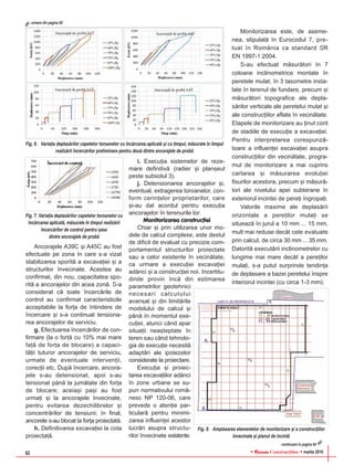 RReevviissttaa Construcþiilor martie 201662
Ancorajele A39C ºi A45C au fost
efectuate pe zona în care s-a vizat
stabilizarea sporitã a excavaþiei ºi a
structurilor învecinate. Acestea au
confirmat, din nou, capacitatea spo-
ritã a ancorajelor din acea zonã. S-a
considerat cã toate încercãrile de
control au confirmat caracteristicile
acceptabile la forþa de întindere de
încercare ºi s-a continuat tensiona-
rea ancorajelor de serviciu.
g. Efectuarea încercãrilor de con-
firmare (la o forþã cu 10% mai mare
faþã de forþa de blocare) a capaci-
tãþii tuturor ancorajelor de serviciu,
urmate de eventuale intervenþii,
corecþii etc. Dupã încercare, ancora-
jele s-au detensionat, apoi s-au
tensionat pânã la jumãtate din forþa
de blocare; aceiaºi paºi au fost
urmaþi ºi la ancorajele învecinate,
pentru evitarea dezechilibrelor ºi
concentrãrilor de tensiuni; în final,
ancorele s-au blocat la forþa proiectatã.
h. Definitivarea excavaþiei la cota
proiectatã.
i. Execuþia sistemelor de reze-
mare definitivã (radier ºi planºeul
peste subsolul 3).
j. Detensionarea ancorajelor ºi,
eventual, extragerea toroanelor, con-
form cerinþelor proprietarilor, care
ºi-au dat acordul pentru execuþia
ancorajelor în terenurile lor.
Monitorizarea construcþiei
Chiar ºi prin utilizarea unor mo-
dele de calcul complexe, este destul
de dificil de evaluat cu precizie com-
portamentul structurilor proiectate
sau a celor existente în vecinãtate,
ca urmare a execuþiei excavaþiei
adânci ºi a construcþiei noi. Incertitu-
dinile provin încã din estimarea
parametrilor geotehnici
necesari calculului
avansat ºi din limitãrile
modelului de calcul ºi
pânã în momentul exe-
cuþiei, atunci când apar
situaþii neaºteptate în
teren sau când tehnolo-
gia de execuþie necesitã
adaptãri ale ipotezelor
considerate la proiectare.
Execuþia ºi proiec-
tarea excavaþiilor adânci
în zone urbane se su-
pun normativului româ-
nesc NP 120-06, care
prevede o atenþie par-
ticularã pentru minimi-
zarea influenþei acestor
lucrãri asupra structu-
rilor învecinate existente.
Monitorizarea este, de aseme-
nea, stipulatã în Eurocodul 7, pre-
luat în România ca standard SR
EN 1997-1:2004.
S-au efectuat mãsurãtori în 7
coloane inclinometrice montate în
peretele mulat, în 3 tasometre insta-
late în terenul de fundare, precum ºi
mãsurãtori topografice ale depla-
sãrilor verticale ale peretelui mulat ºi
ale construcþiilor aflate în vecinãtate.
Etapele de monitorizare au þinut cont
de stadiile de execuþie a excavaþiei.
Pentru interpretarea corespunzã-
toare a influenþei excavaþiei asupra
construcþiilor din vecinãtate, progra-
mul de monitorizare a mai cuprins
cartarea ºi mãsurarea evoluþiei
fisurilor acestora, precum ºi mãsurã-
tori ale nivelului apei subterane în
exteriorul incintei de pereþi îngropaþi.
Valorile maxime ale deplasãrii
orizontale a pereþilor mulaþi se
situeazã în jurul a 10 mm ... 15 mm,
mult mai reduse decât cele evaluate
prin calcul, de circa 30 mm ... 35 mm.
Datoritã executãrii inclinometrelor cu
lungime mai mare decât a pereþilor
mulaþi, s-a putut surprinde tendinþa
de deplasare a bazei peretelui înspre
interiorul incintei (cu circa 1-3 mm).
Fig. 6: Variaþia deplasãrilor capetelor toroanelor cu încãrcarea aplicatã ºi cu timpul, mãsurate în timpul
realizãrii încercãrilor preliminare pentru douã dintre ancorajele de probã
Fig. 7: Variaþia deplasãrilor capetelor toroanelor cu
încãrcarea aplicatã, mãsurate în timpul realizãrii
încercãrilor de control pentru ºase
dintre ancorajele de probã
Fig. 8: Amplasarea elementelor de monitorizare ºi a construcþiilor
învecinate ºi planul de incintã
urmare din pagina 60
continuare în pagina 64
 