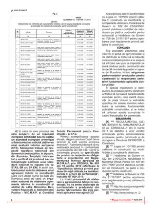 RReevviissttaa Construcþiilor martie 20168
d) În cazul în care produsul nu
este acoperit de un standard
european armonizat sau nu existã
un standard european armonizat
ºi fabricantul nu solicitã obþinerea
unei evaluãri tehnice europene
(ETE), fabricantul trebuie sã res-
pecte legislaþia naþionalã din
domeniul construcþiilor, în vigoare,
din România. Totodatã, fabrican-
tul a verificat cã produsul sãu nu
îndeplineºte cerinþele unui stan-
dard naþional în vigoare (de tip
STAS, SR sau SR EN). În acest caz,
fabricantul solicitã obþinerea unui
agrement tehnic în construcþii
(care va fi utilizat numai pe piaþa din
România) emis de cãtre un orga-
nism naþional de elaborare agre-
mente tehnice în construcþii ºi
abilitat de cãtre Ministerul Dez-
voltãrii Regionale ºi Adminstraþiei
Publice - M.D.R.A.P. ºi Consiliul
Tehnic Permanent pentru Con-
strucþii - C.T.P.C.
Pentru exemplificarea acestei
situaþii, alegem produsul “oþel beton
laminat la cald pentru armarea
betonului”. Fabricantul declarã cã nu
realizeazã produsul în conformitate
cu prevederile din SR 438-1:2012 ºi
întocmeºte propria sa specificaþie
de produs cu respectarea obliga-
torie a prevederilor din Regle-
mentarea Tehnicã aprobatã de
M.D.R.A.P. prin ORDINUL Nr. 683
din 10 aprilie 2012 referitoare la
“Specificaþie tehnicã privind pro-
duse din oþel utilizate ca armãturi:
cerinþe ºi criterii de performanþã”,
indicativ ST 009-2011.
La finalul procesului de elabo-
rare a agrementului tehnic în con-
strucþii, se va emite declaraþia de
conformitate a produsului din
partea fabricantului. Nu este per-
misã aplicarea marcajului CE!
Acest proces este în conformitate
cu Legea nr. 10/1995 privind calita-
tea în construcþii, cu modificãrile ºi
completãrile ulterioare, Hotãrârea de
Guvern nr. 622 din 21/04/2004,
privind stabilirea condiþiilor de intro-
ducere pe piaþã a produselor pentru
construcþii ºi Hotãrârea de Guvern
nr. 766 din 21/11/1997 pentru apro-
barea unor regulamente privind cali-
tatea în construcþii.
CONCLUZII
Toþi operatorii economici care
intervin în lanþul de aprovizionare ºi
de distribuþie ar trebui sã ia mãsurile
corespunzãtoare pentru a se asigura
cã introduc sau pun la dispoziþie pe
piaþã produse pentru construcþii care
respectã cerinþele legislaþiei în vigoa-
re din România, vizând asigurarea
performanþelor produselor pentru
construcþii ºi respectarea cerin-
þelor fundamentale aplicabile con-
strucþiilor.
În special importatorii ºi distri-
buitorii de produse pentru construcþii
ar trebui sã cunoascã caracteristicile
esenþiale pentru care existã dispo-
ziþii pe piaþa Uniunii ºi solicitãrile
specifice din statele membre referi-
toare la cerinþele fundamentale
aplicabile construcþiilor, ºi ar trebui
sã utilizeze aceste cunoºtinþe în
cadrul tranzacþiilor lor comerciale.
BIBLIOGRAFIE
[1] *** REGULAMENTUL (UE)
NR. 305/2011 AL PARLAMENTULUI
ªI AL CONSILIULUI din 9 martie
2011 de stabilire a unor condiþii
armonizate pentru comercializarea
produselor pentru construcþii ºi de
abrogare a Directivei 89/106/CEE a
Consiliului;
[2] *** Legea nr. 10/1995 privind
calitatea în construcþii, cu modi-
ficãrile ºi completãrile ulterioare;
[3] *** Hotãrârea de Guvern nr.
622 din 21/04/2004, republicatã în
Monitorul Oficial, Partea I nr. 487 din
20/07/2007 privind stabilirea condiþi-
ilor de introducere pe piaþã a pro-
duselor pentru construcþii;
[4] *** Hotãrârea de Guvern nr. 766
din 21/11/1997 pentru aprobarea
unor regulamente privind calitatea în
construcþii;
[5] *** http://ec.europa.eu/growth/
tools-databases/nando/
[6] *** http://www.mdrap.ro
Fig. 3
urmare din pagina 6
 