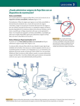 87
L E C C I Ó N 3
¿Puede administrar oxígeno de flujo libre con un
dispositivo de reanimación?
Bolsa autoinflable:
No se puede administrar oxígeno de flujo libre a través de la máscara de un
dispositivo de bolsa autoinflable y máscara (Figura 3.13).
Normalmente, el flujo de oxígeno que ingresa en una bolsa autoinflable se
desviará hacia la entrada de aire, a través del reservorio de oxígeno
conectado, y luego se evacuará por el extremo del reservorio de oxígeno o
por una válvula conectada al reservorio. La cantidad de oxígeno enviada al
paciente dependerá de la resistencia relativa de las diversas válvulas y, por lo
tanto, es posible que no llegue al paciente salvo que se esté apretando la
bolsa. Si su hospital está equipado con bolsas autoinflables, es probable que
deba tener arreglos disponibles aparte para administrar oxígeno de flujo
libre, tal como se describió en la Lección 2.
Bolsa inflada por flujo/reanimador en T:
Se puede usar una bolsa inflada por flujo o un reanimador en T para
administrar oxígeno de flujo libre (Figura 3.14).
La máscara debe colocarse floja sobre la cara, dejando escapar algo de gas
alrededor de los bordes. Si la máscara se sostiene ajustada contra la cara, se
acumulará presión en la bolsa o en el dispositivo en T y se transmitirá a los
pulmones del recién nacido en forma de CPAP o PEEP. Si se usa una bolsa
inflada por flujo, la misma no debe inflarse cuando se usa para administrar
oxígeno de flujo libre. Una bolsa inflada indica que la máscara está ajustada
contra la cara y que se está administrando presión positiva.
100% O2
Figura 3.13. No se puede administrar
oxígeno de flujo libre de manera confiable con
una bolsa autoinflable; la bolsa debe apretarse
para administrar oxígeno confiablemente, por
lo que puede que sea necesario hacer otros
arreglos para administrar oxígeno de flujo libre
Salida de gasEntrada
de gas
Control de
presión
inspiratoria
Liberación
de la
presión
máxima
Presión
del circuito
Figura 3.14. Oxígeno de flujo libre administrado con bolsa inflada por flujo (izquierda) y por reanimador en T (derecha). Note cómo la máscara no se
sostiene ajustada sobre la cara. La administración de oxígeno a menos de 100% requerirá de aire comprimido y un mezclador.
 