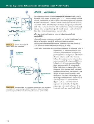Uso de Dispositivos de Reanimación para Ventilación con Presión Positiva
118
Anexo — continuación
Las bolsas autoinflables tienen un ensamble de válvula ubicado entre la
bolsa y la salida para el paciente (Figura 3A.2). Cuando se aprieta la bolsa
durante la ventilación, se abre la válvula liberando oxígeno/aire al paciente.
Cuando la bolsa vuelve a inflarse (durante la fase de exhalación del ciclo),
se cierra la válvula. Esto impide que el aire exhalado por el paciente entre
en la bolsa y se vuelva a respirar. Debe familiarizarse con el ensamble de la
válvula, cómo se ve y cómo responde cuando aprieta y suelta la bolsa. Si
falta algo o funciona mal, no debe usarse la bolsa.
¿Por qué es necesario un reservorio de oxígeno en una bolsa
autoinflable?
Algunos bebés que necesitan reanimación con ventilación asistida al nacer
tal vez se beneficien además de la administración de oxígeno
suplementario. La cantidad de oxígeno suplementario a usar durante la
VPP debe determinarse mediante un oxímetro de pulso.
Si una bolsa autoinflable está conectada a una fuente de oxígeno al 100%, el
oxígeno entra en la bolsa a través del tubo
conectado entre una fuente de oxígeno y el
puerto de entrada de oxígeno en la bolsa. No
obstante, cada vez que la bolsa vuelve a
inflarse después de apretarla, entra aire (con
una concentración de oxígeno de 21%) en la
bolsa a través de la entrada de aire. El aire
diluye la concentración de oxígeno en la
bolsa. Por lo tanto, pese a que tal vez haya
oxígeno al 100% fluyendo por la entrada de
oxígeno, se diluye con el aire que entra cada
vez que se vuelve a inflar la bolsa. Como
resultado, la concentración de oxígeno que
recibe el paciente en realidad se reduce, y la
concentración exacta es impredecible
(Figura 3A.3). (La concentración real
dependerá de la velocidad de flujo del
oxígeno que entra desde la fuente y de la
frecuencia con la que se aprieta la bolsa).
Figura 3A.2. Principio de ensamble de
válvula de una bolsa autoinflable
Presión desde
la bolsa
Salida al paciente
Aire exhalado
Del paciente
Figura 3A.3. Bolsa autoinflable sin reservorio de oxígeno y con línea de oxígeno
conectada a una fuente de oxígeno al 100%. Este sistema sólo administrará al
paciente oxígeno al 40% aproximadamente, y sólo cuando se apriete la bolsa.
100%
Aproximadamente
40%
Sin depósito
de oxígeno
Aire de la
habitación
al paciente
 