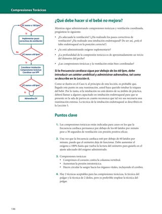 Compresiones Torácicas
146
¿Qué debe hacer si el bebé no mejora?
Mientras sigue administrando compresiones torácicas y ventilación coordinada,
pregúntese lo siguiente:
• ¿Es adecuada la ventilación? (¿Ha realizado los pasos correctivos de
ventilación? ¿Ha realizado una intubación endotraqueal? De ser así, ¿está el
tubo endotraqueal en la posición correcta?)
• ¿Se está administrando oxígeno suplementario?
• ¿La profundidad de la compresión torácica es de aproximadamente un tercio
del diámetro del pecho?
• ¿Las compresiones torácicas y la ventilación están bien coordinadas?
Si la frecuencia cardíaca sigue por debajo de los 60 lpm, debe
introducir un catéter umbilical y administrar adrenalina, tal como
se describe en la Lección 6.
Como se ilustra en el Caso 4, al principio de esta lección, es probable que,
llegado este punto en una reanimación, usted haya querido intubar la tráquea
del bebé. Por lo tanto, si la intubación no está dentro de su ámbito de práctica,
deberá llamar a alguien capacitado en intubación endotraqueal para que se
presente en la sala de partos en cuanto reconozca que tal vez sea necesaria una
reanimación extensa. La técnica de la intubación endotraqueal se describirá en
la Lección 5.
Puntos clave
1. Las compresiones torácicas están indicadas para casos en los que la
frecuencia cardíaca permanece por debajo de los 60 latidos por minuto
pese a 30 segundos de ventilación con presión positiva eficaz.
2. Una vez que la frecuencia cardíaca esté por debajo de 60 latidos por
minuto, puede que el oxímetro deje de funcionar. Debe aumentar el
oxígeno a 100% hasta que vuelva la lectura del oxímetro para guiarlo en el
ajuste adecuado del oxígeno administrado.
3. Compresiones torácicas
• Comprimen el corazón contra la columna vertebral.
• Aumentan la presión intratorácica.
• Hacen circular la sangre hacia los órganos vitales, incluyendo el cerebro.
4. Hay 2 técnicas aceptables para las compresiones torácicas, la técnica del
pulgar y la técnica de 2 dedos, pero es preferible emplear la técnica del
pulgar.
No
Sí
Sí
Sí
¿FC menor a 100 lpm?
¿FC menor a 60 lpm?
Adrenalina EV
Implementar pasos
correctivos de ventilación
¿FC menor a 60 lpm?
Considerar intubación
Compresiones torácicas
Coordinar conVPP
 