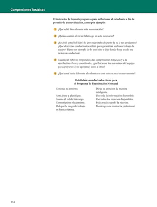 Compresiones Torácicas
158
El instructor le formula preguntas para reflexionar al estudiante a fin de
permitir la autoevaluación, como por ejemplo:
¿Qué salió bien durante esta reanimación?
¿Quién asumió el rol de liderazgo en este escenario?
¿Recibió usted (el líder) lo que necesitaba de parte de su o sus ayudantes?
¿Qué destrezas conductuales utilizó para garantizar un buen trabajo de
equipo? Déme un ejemplo de lo que hizo o dijo donde haya usado esa
destreza conductual.
Cuando el bebé no respondió a las compresiones torácicas y a la
ventilación eficaz y coordinada, ¿qué hicieron los miembros del equipo
para apoyarse (o no apoyarse) unos a otros?
¿Qué cosa haría diferente al enfrentarse con este escenario nuevamente?
Habilidades conductuales claves para
el Programa de Reanimación Neonatal
Conozca su entorno. Dirija su atención de manera
inteligente.
Anticípese y planifique. Use toda la información disponible.
Asuma el rol de liderazgo. Use todos los recursos disponibles.
Comuníquese eficazmente. Pida ayuda cuando la necesite.
Delegue la carga de trabajo
en forma óptima.
Mantenga una conducta profesional.
 