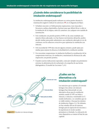 Intubación endotraqueal e inserción de vía respiratoria con mascarilla laríngea
160
¿Cuándo debe considerarse la posibilidad de
intubación endotraqueal?
La intubación endotraqueal puede realizarse en varios puntos durante la
reanimación (según lo indican los asteriscos [*] en el diagrama de flujo).
• Si hubiera meconio y el bebé presenta respiraciones, tono muscular o
frecuencia cardíaca deprimidos, el primer paso que deberá llevar a cabo es
la intubación de la tráquea, antes de comenzar con cualquier otra medida de
reanimación.
• Si la ventilación con presión positiva (VPP) no da como resultado una
mejoría clínica adecuada y no hay buenos movimientos del pecho, podría
decidir intubar para poder administrar una ventilación adecuada en vez de
continuar con los esfuerzos correctivos para optimizar la ventilación con
máscara.
• Si la necesidad de VPP dura más de algunos minutos, puede optar por
intubar para mejorar la eficacia y la facilidad de la ventilación asistida.
• Si se necesitan compresiones, la intubación facilitará la coordinación de las
compresiones torácicas y la ventilación y maximizará la eficiencia de cada
respiración con presión positiva.
• Cuando ocurren indicaciones especiales, como por ejemplo una prematurez
extrema, la administración de surfactante o la sospecha de una hernia
diafragmática. (Consulte las Lecciones 7 y 8.)
Borde
acolchonado
Tubo de
ventilación
Barra de apertura
Línea de inflado
Conector de 15 mm
Balón piloto de inflado
Válvula
Figura 5.1. Vía aérea con máscara laríngea
¿Cuáles son las
alternativas a la
intubación endotraqueal?
Las máscaras que se ajustan a la entrada
laríngea (vías aéreas con máscara
laríngea) han demostrado ser una
alternativa eficaz para la ventilación
asistida cuando la VPP con bolsa y
máscara, o máscara y reanimador en T,
resulta ineficiente, y se considera que no
es viable intubar o fracasan los intentos
de intubación (Figura 5.1). No obstante,
no hay estudios del use de máscara
laríngea para la aspiración de meconio y
la experiencia en recién nacidos
prematuros es limitada. La colocación de
estos dispositivos se tratará al final de este
capítulo.
 
