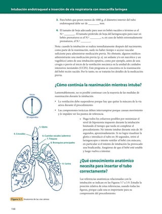 Intubación endotraqueal e inserción de vía respiratoria con mascarilla laríngea
168
3. Para bebés que pesen menos de 1000 g, el diámetro interior del tubo
endotraqueal debe ser de _______ mm.
4. El tamaño de hoja adecuado para usar en bebés nacidos a término es el
N.º _______. El tamaño preferido de hoja del laringoscopio para usar en
bebés prematuros es el N.º _______, o, en caso de bebés extremadamente
prematuros, el N.º _______.
Nota: cuando la intubación se realiza inmediatamente después del nacimiento,
como parte de la reanimación, suele no haber tiempo o acceso vascular
suficiente para administrar medicación previa. No obstante, algunos médicos
administrarán una medicación previa (p. ej. un sedante y/o un narcótico y un
vagolítico) antes de una intubación optativa, como por ejemplo, antes de una
cirugía o previo al inicio de la ventilación mecánica en la unidad de cuidados
intensivos neonatales (UCIN). Este programa se concentra en la reanimación
del bebé recién nacido. Por lo tanto, no se tratarán los detalles de la medicación
previa.
¿Cómo continúa la reanimación mientras intuba?
Lamentablemente, no es posible continuar con la mayoría de las medidas de
reanimación durante la intubación.
• La ventilación debe suspenderse porque hay que quitar la máscara de la vía
aérea durante el procedimiento.
• Las compresiones torácicas deben interrumpirse porque causan movimiento
y le impiden ver los puntos de referencia.
• Haga todos los esfuerzos posibles por minimizar el
nivel de hipoxemia impuesto durante la intubación
limitando el tiempo que tarda en completar el
procedimiento. No intente intubar durante más de 30
segundos, aproximadamente. Si no logra visualizar la
glotis e introducir el tubo en 30 segundos, retire el
laringoscopio e intente ventilar al bebé con máscara,
en particular si el intento de intubación ha provocado
una bradicardia. Asegúrese de que el bebé esté estable
y luego vuelva a intentar.
¿Qué conocimiento anatómico
necesita para insertar el tubo
correctamente?
Las referencias anatómicas relacionadas con la
intubación se indican en las Figuras 5.7 a 5.9. Estudie la
posición relativa de estas referencias, usando todas las
figuras, porque cada una es importante para su
comprensión del procedimiento.
Inicio
30 segundos
4. Cricoides
5. Glotis
6. Cuerdas vocales (adentro)
7. Tráquea
8. Bronquios principales
Figura 5.7. Anatomía de las vías aéreas
 