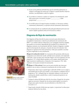 Generalidades y principios sobre reanimación
10
7. El aire en los pulmones del bebé hace que las arteriolas pulmonares se
(relajen) (contraigan) de modo que el oxígeno se pueda absorber desde los
alvéolos y sea distribuido a todos los órganos.
8. Si un bebé no comienza a respirar en respuesta a la estimulación, usted
debe asumir que se encuentra en apnea _____________ y debe
proporcionar _____________.
9. Si un bebé entra en la etapa de apnea secundaria, su frecuencia cardíaca
(aumentará) (disminuirá) y su presión arterial (aumentará) (disminuirá).
10. La restauración de una ventilación adecuada generalmente provocará una
mejora (rápida) (gradual) (lenta) de la frecuencia cardíaca.
Diagrama de flujo de reanimación
Este diagrama de flujo describe los pasos necesarios para determinar la
necesidad de reanimación y todos los procedimientos de reanimación del
PRNTM
. Los rombos indican evaluaciones y los rectángulos muestran medidas
que pueden ser necesarias, dependiendo del resultado de la evaluación. El
diagrama comienza con el nacimiento del bebé. Estudie el diagrama a medida
que lee la descripción de cada paso y el punto de toma de la decisión. Este
diagrama se repetirá en lecciones posteriores. Úselo para ayudarlo a recordar
los pasos implicados en una reanimación.
Bloque de evaluación inicial. En el momento del nacimiento, debe hacerse
3 preguntas acerca del recién nacido: ¿El bebé nació a término, está respirando
o llorando, y tiene un buen tono muscular (Figura 1.9)? Si la respuesta a las tres
preguntas es "Sí", el bebé debería quedarse con la madre, donde puede tener
lugar la posterior estabilización y evaluación. Si la respuesta es "No", debe
continuar con los pasos iniciales de reanimación.
A Bloque A (Vías aéreas). Estos son los pasos iniciales que toma para
establecer una vía aérea y comenzar la reanimación de un recién nacido.
• Proporcione calor, lo que se puede lograr cubriendo al bebé con un campo y
colocándolo piel con piel con la madre, o si la respuesta a cualquiera de las 3
preguntas es "No", colóquelo bajo un calentador radiante en una mesa de
reanimación, donde se puede llevar a cabo la reanimación posterior con
mayor facilidad.
• Coloque la cabeza del bebé para abrir las vías aéreas. Despeje las vías aéreas
según sea necesario. Despejar las vías aéreas puede implicar succionar la
tráquea para quitar meconio; este procedimiento se describirá en las
Lecciones 2 y 5.
• Seque la piel, estimule al bebé para que respire, y reposicione la cabeza para
mantener abiertas las vías aéreas.
Figura 1.9. Recién nacido a término
normal. Está llorando y tiene buen
tono.
 