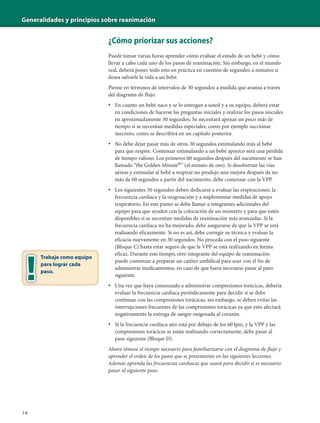 Generalidades y principios sobre reanimación
14
¿Cómo priorizar sus acciones?
Puede tomar varias horas aprender cómo evaluar el estado de un bebé y cómo
llevar a cabo cada uno de los pasos de reanimación. Sin embargo, en el mundo
real, deberá poner todo esto en práctica en cuestión de segundos a minutos si
desea salvarle la vida a un bebé.
Piense en términos de intervalos de 30 segundos a medida que avanza a través
del diagrama de flujo.
• En cuanto un bebé nace y se lo entregan a usted y a su equipo, deberá estar
en condiciones de hacerse las preguntas iniciales y realizar los pasos iniciales
en aproximadamente 30 segundos. Se necesitará apenas un poco más de
tiempo si se necesitan medidas especiales, como por ejemplo succionar
meconio, como se describirá en un capítulo posterior.
• No debe dejar pasar más de otros 30 segundos estimulando más al bebé
para que respire. Continuar estimulando a un bebé apneico será una pérdida
de tiempo valioso. Los primeros 60 segundos después del nacimiento se han
llamado “the Golden Minute®
” (el minuto de oro). Si desobstruir las vías
aéreas y estimular al bebé a respirar no produjo una mejora después de no
más de 60 segundos a partir del nacimiento, debe comenzar con la VPP.
• Los siguientes 30 segundos deben dedicarse a evaluar las respiraciones, la
frecuencia cardíaca y la oxigenación y a implementar medidas de apoyo
respiratorio. En este punto se debe llamar a integrantes adicionales del
equipo para que ayuden con la colocación de un oxímetro y para que estén
disponibles si se necesitan medidas de reanimación más avanzadas. Si la
frecuencia cardíaca no ha mejorado, debe asegurarse de que la VPP se está
realizando eficazmente. Si no es así, debe corregir su técnica y evaluar la
eficacia nuevamente en 30 segundos. No proceda con el paso siguiente
(Bloque C) hasta estar seguro de que la VPP se está realizando en forma
eficaz. Durante este tiempo, otro integrante del equipo de reanimación
puede comenzar a preparar un catéter umbilical para usar con el fin de
administrar medicamentos, en caso de que fuera necesario pasar al paso
siguiente.
• Una vez que haya comenzado a administrar compresiones torácicas, debería
evaluar la frecuencia cardíaca periódicamente para decidir si se debe
continuar con las compresiones torácicas, sin embargo, se deben evitar las
interrupciones frecuentes de las compresiones torácicas ya que esto afectará
negativamente la entrega de sangre oxigenada al corazón.
• Si la frecuencia cardíaca aún está por debajo de los 60 lpm, y la VPP y las
compresiones torácicas se están realizando correctamente, debe pasar al
paso siguiente (Bloque D).
Ahora tómese el tiempo necesario para familiarizarse con el diagrama de flujo y
aprender el orden de los pasos que se presentarán en las siguientes lecciones.
Además aprenda las frecuencias cardíacas que usará para decidir si es necesario
pasar al siguiente paso.
Trabaje como equipo
para lograr cada
paso.
 