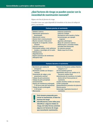 Generalidades y principios sobre reanimación
16
¿Qué factores de riesgo se pueden asociar con la
necesidad de reanimación neonatal?
Repase esta lista de factores de riesgo.
Considere tener una copia disponible de inmediato en las áreas de trabajo de
parto y nacimiento.
Esté siempre preparado para
iniciar la reanimación. Si bien los
factores de riesgo
identificatorios serán útiles para
identificar a algunos bebés en
riesgo, de todas formas existirán
algunos sin factores de riesgo
que necesitarán reanimación.
Factores durante el nacimiento
Patrones de frecuencia cardíaca fetal de
categoría 2 o 3
Uso de anestesia general
Taquisistolia uterina con cambios en la
frecuencia cardíaca fetal
Administración de narcóticos a la madre
dentro de las 4 horas previas al
nacimiento
Líquido amniótico teñido con meconio
Cordón prolapsado
Desprendimiento prematuro de placenta
Placenta previa
Hemorragia importante durante el
nacimiento
Nacimiento por cesárea de
emergencia
Nacimiento asistido con fórceps o
ventosas
Presentación de nalgas u otra
presentación anormal
Trabajo de parto prematuro
Trabajo de parto precipitado
Corioamnionitis
Ruptura de membranas prolongada
(Ͼ18 horas antes del nacimiento)
Trabajo de parto prolongado
(Ͼ24 horas)
Macrosomía
Factores previos al nacimiento
Embarazo postérmino
Embarazo múltiple
Discrepancia entre tamaño y fechas
Farmacoterapia, por ejemplo
magnesio
Agonistas adrenérgicos
Abuso de sustancias materno
Malformación o anomalías fetales
Actividad fetal disminuida
Sin atención prenatal
Madre mayor de 35 años
Diabetes materna
Hipertensión gestacional o
preeclampsia
Hipertensión crónica
Anemia fetal o isoinmunización
Muerte neonatal o fetal previa
Sangrado en el segundo o tercer
trimestre
Infección materna
Enfermedad cardíaca, renal, pulmonar,
tiroidea o neurológica de la madre
Polihidramnios
Oligohidramnios
Ruptura prematura de membranas
Hidropesía fetal
 