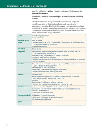 Generalidades y principios sobre reanimación
34
Lista de verificación rápida previa a la reanimación del Programa de
reanimación neonatal
Suministros y equipo de reanimación para recién nacidos en el calentador
radiante
Esta lista de verificación incluye únicamente los insumos y el equipo más
esenciales necesarios en el calentador radiante para la mayoría de las
reanimaciones neonatales. Diseñe esta lista para que cumpla con las necesidades
específicas de su unidad y asegúrese de que los insumos y el equipo estén presentes
y en buen funcionamiento y que las verificaciones de seguridad específicas de la
unidad se realicen antes de cada nacimiento.
Calor Calentador precalentado
Campos o mantas
Despejar la vía
aérea
Pera de goma
Sonda de succión de 10F o 12F conectada a al dispositivo de succión instalado
en la pared, fijada a 80-100 mm Hg
Aspirador de meconio
Auscultar Estetoscopio
Oxigenar Método para administrar oxígeno de flujo libre (máscara, tubos, bolsa de
inflado por flujo, o reanimador en T)
Los gases fluyen justo antes del nacimiento, 5-10 l/min
Mezclador fijado según el protocolo
Sonda de oxímetro de pulso (desconectada del oxímetro hasta que se necesite)
Oxímetro de pulso
Ventilar Dispositivo(s) de ventilación con presión positiva (VPP) presentes con máscaras
para bebés prematuros y a término
Dispositivo(s) de VPP funcionando
Conectados a la fuente de aire/oxígeno (mezclador)
Sonda de alimentación 8F y jeringa de 20 ml
Intubar Laringoscopio
Hojas de tamaño 0 y tamaño 2 (y tamaño 00, opcional) con luz brillante
Tubos endotraqueales, tamaños 2.5, 3.0, 3.5, 4.0
Estiletes
Detector de CO2 al final del volumen corriente
Vía aérea con máscara laríngea (tamaño 1) y jeringa de 5 ml
Medicación Acceso a adrenalina 1:10,000 y solución salina normal
Suministros para administrar medicamentos y colocar un catéter venoso
umbilical de emergencia
Suministros de documentación
Termorregulación Bolsa plástica o envoltorio plástico
Almohadilla calentadora de activación química
Incubadora de traslado lista
Otros
 