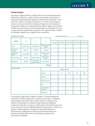 35
L E C C I Ó N 1
Puntaje de Apgar
El puntaje de Apgar describe la condición del recién nacido inmediatamente
después del nacimiento y, cuando se aplica correctamente, proporciona un
mecanismo estandarizado para registrar la transición fetal a neonatal. A cada
uno de los 5 signos se le otorga un valor de 0, 1 o 2. Estos 5 valores luego se
suman, y la suma se convierte en el puntaje de Apgar. Las intervenciones de
reanimación modifican los componentes del puntaje de Apgar, por lo tanto, las
medidas de reanimación que se están administrando en el momento en el que
se asigna el puntaje también deben registrarse. En la siguiente tabla se muestra
un formulario sugerido para completar en los nacimientos.
Los puntajes de Apgar deben asignarse 1 minuto y 5 minutos después del
nacimiento. Cuando el puntaje a los 5 minutos es menor que 7, se deberían
asignar puntajes adicionales cada 5 minutos durante un máximo de 20
minutos. Estos puntajes no se deben usar para indicar las medidas de
reanimación adecuadas, ni tampoco se deben demorar las intervenciones para
recién nacidos con funciones deprimidas hasta la evaluación de 1 minuto. Los
puntajes se deben registrar en el registro de nacimiento del bebé. La
documentación completa de los eventos que tienen lugar durante una
reanimación también debe incluir una descripción narrativa de las
intervenciones realizadas.
PUNTAJE DE APGAR Edad de gestación ____________ semanas
SIGNO 0 1 2
1 minuto 5 minutos 10 minutos 15 minutos 20 minutos
Color Azul o pálido Acrocianótico
Completamente
rosado
Frecuencia
cardíaca
Ausente Ͻ100 lpm Ͼ100 lpm
Irritabilidad
refleja
Sin respuesta Mueca
Llanto o retiro
activo
Tono muscular Flácido Algo de flexión
Movimiento
activo
Respiración Ausente
Llanto débil;
hipoventilación
Buen llanto
TOTAL
Comentarios:
Reanimación
Minutos 1 5 10 15 20
Oxígeno
VPP/CPAP nasal
TET
Compresiones
torácicas
Adrenalina
 